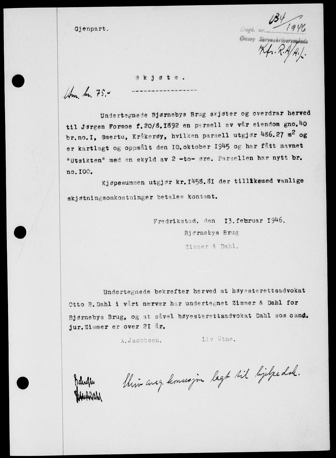 Onsøy sorenskriveri, SAO/A-10474/G/Ga/Gab/L0015: Mortgage book no. II A-15, 1945-1946, Diary no: : 634/1946