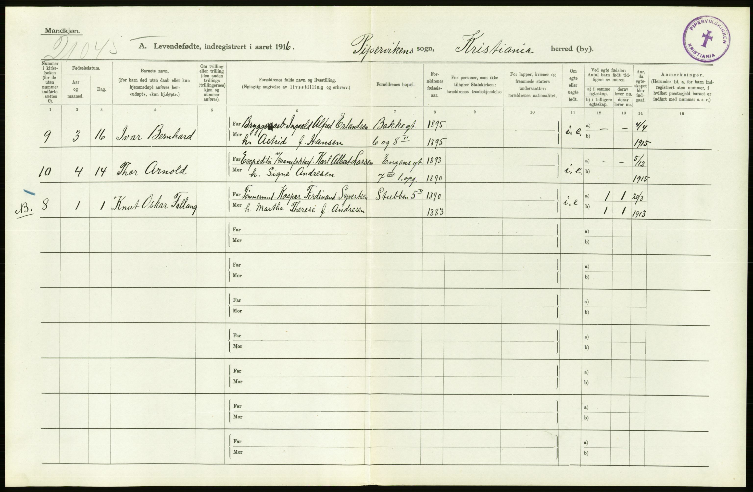 Statistisk sentralbyrå, Sosiodemografiske emner, Befolkning, AV/RA-S-2228/D/Df/Dfb/Dfbf/L0007: Kristiania: Levendefødte menn og kvinner., 1916, p. 490