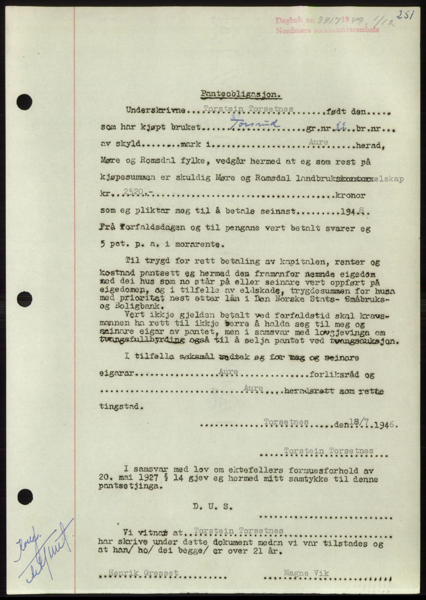 Nordmøre sorenskriveri, AV/SAT-A-4132/1/2/2Ca: Mortgage book no. B103, 1949-1950, Diary no: : 3417/1949