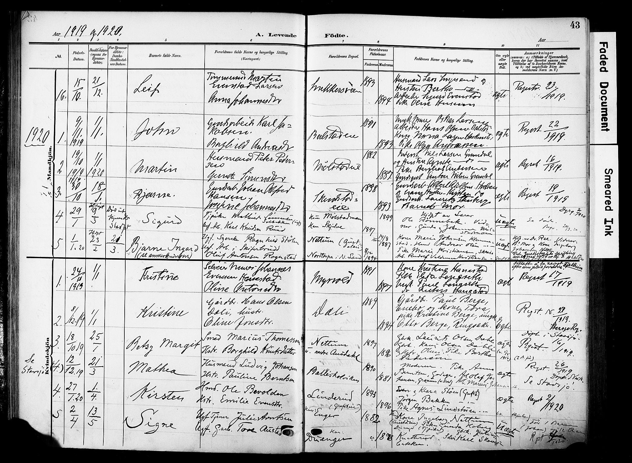 Nes prestekontor, Hedmark, SAH/PREST-020/K/Ka/L0014: Parish register (official) no. 14, 1906-1929, p. 43