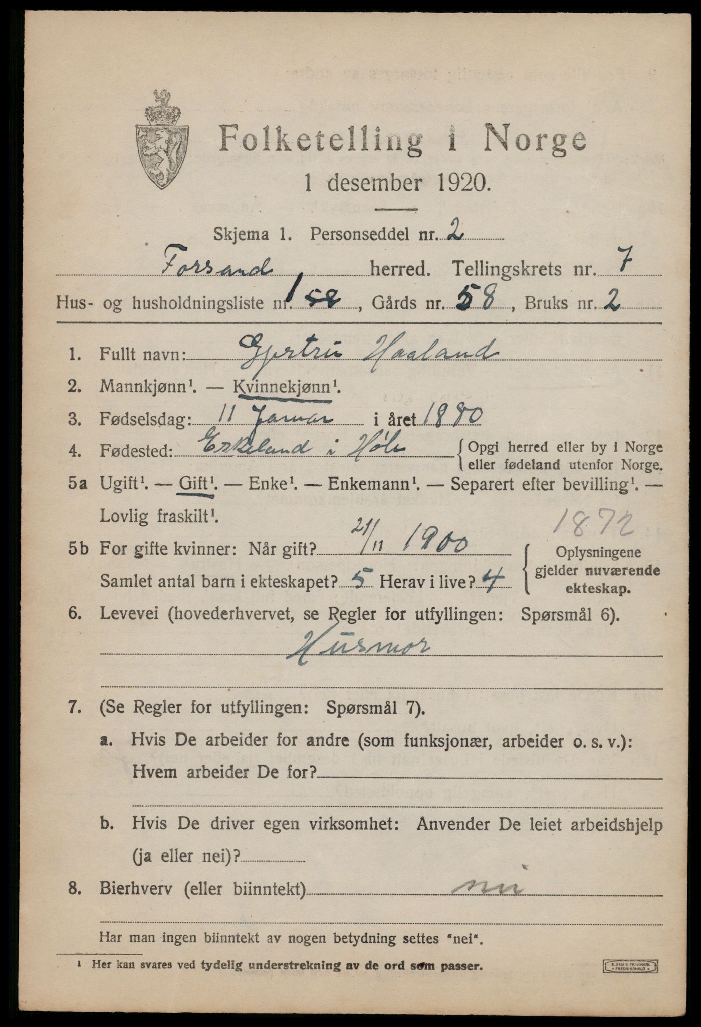 SAST, 1920 census for Forsand, 1920, p. 3415