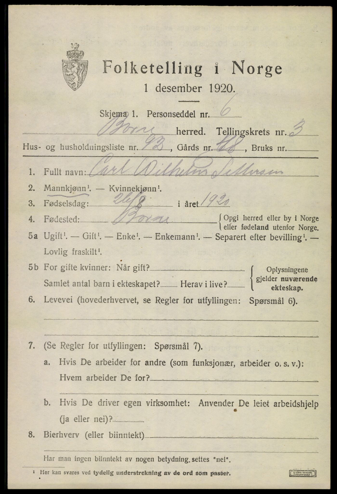 SAKO, 1920 census for Borre, 1920, p. 7122