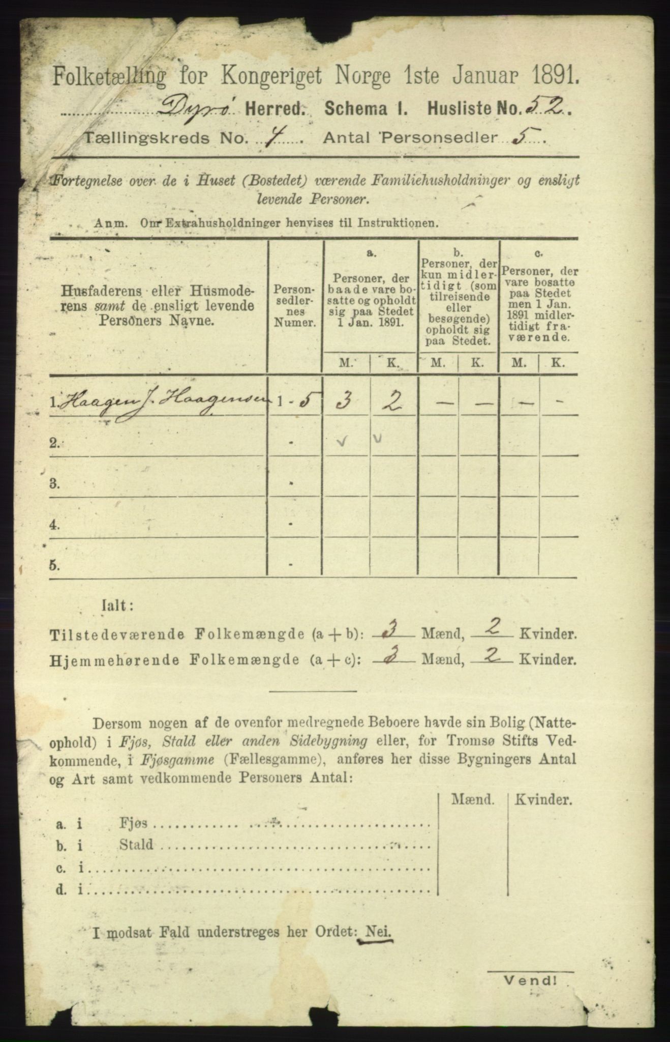 RA, 1891 census for 1926 Dyrøy, 1891, p. 1502