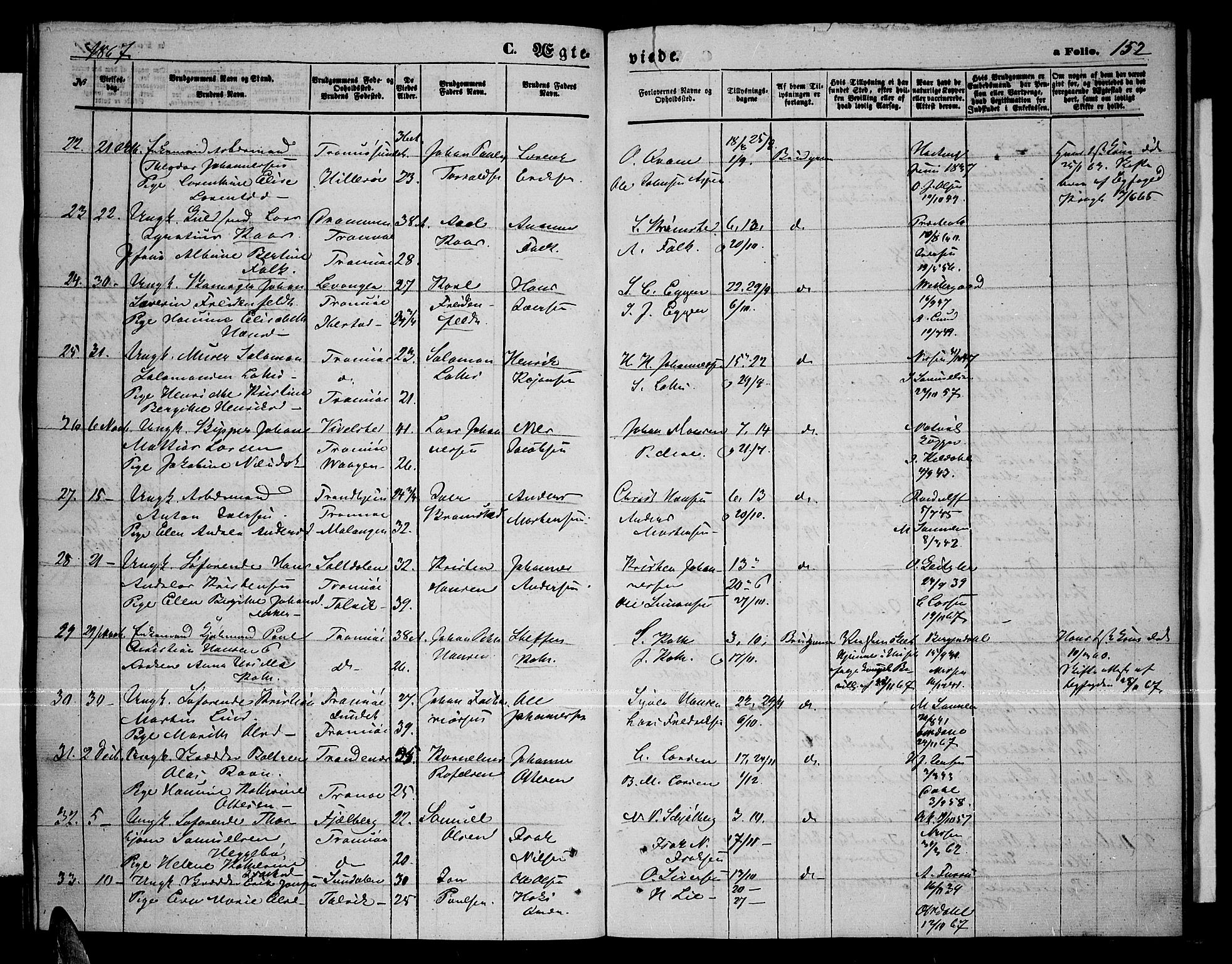 Tromsø sokneprestkontor/stiftsprosti/domprosti, AV/SATØ-S-1343/G/Gb/L0007klokker: Parish register (copy) no. 7, 1867-1875, p. 152