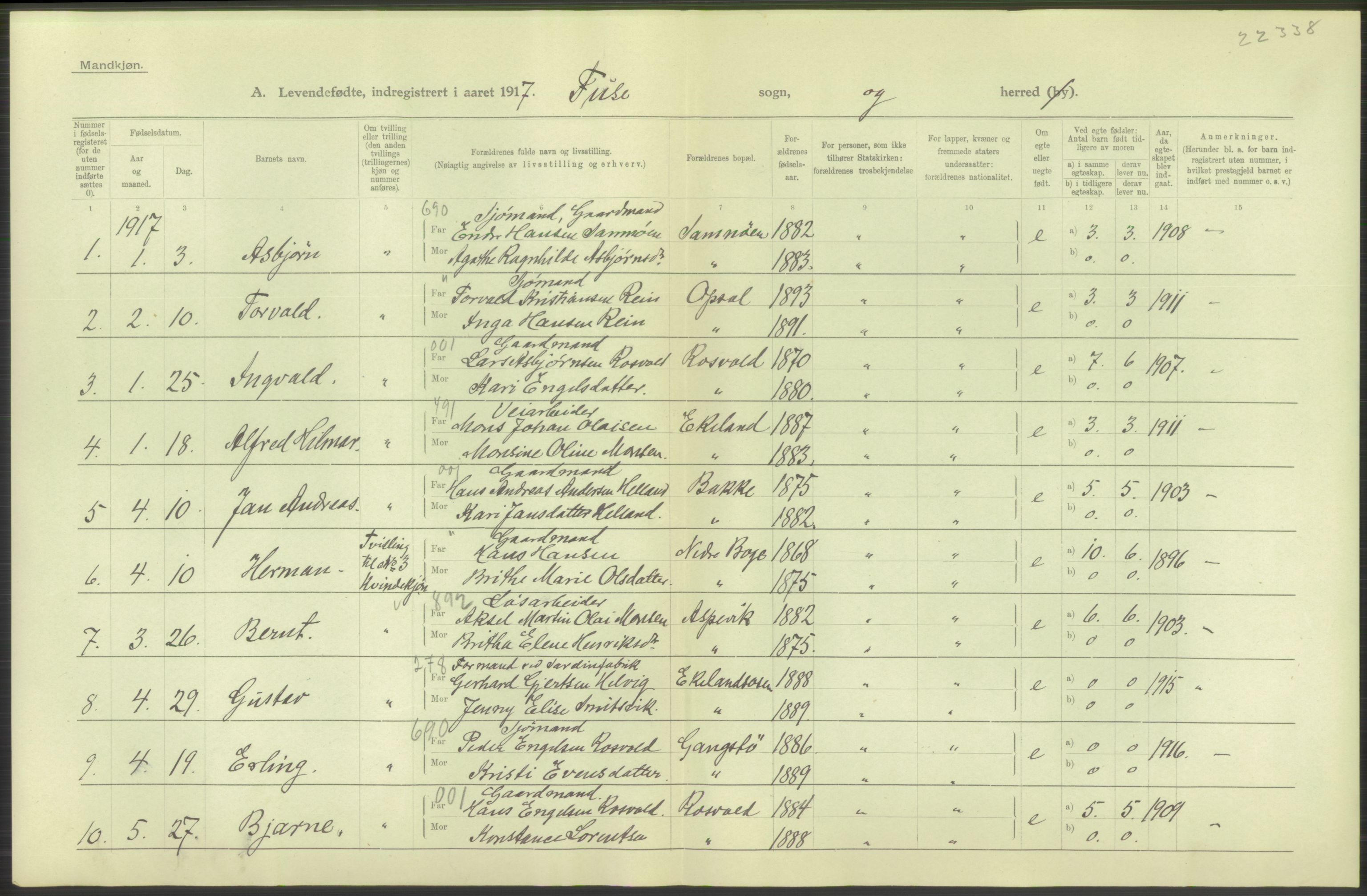 Statistisk sentralbyrå, Sosiodemografiske emner, Befolkning, RA/S-2228/D/Df/Dfb/Dfbg/L0034: S. Bergenhus amt: Levendefødte menn og kvinner. Bygder., 1917, p. 534