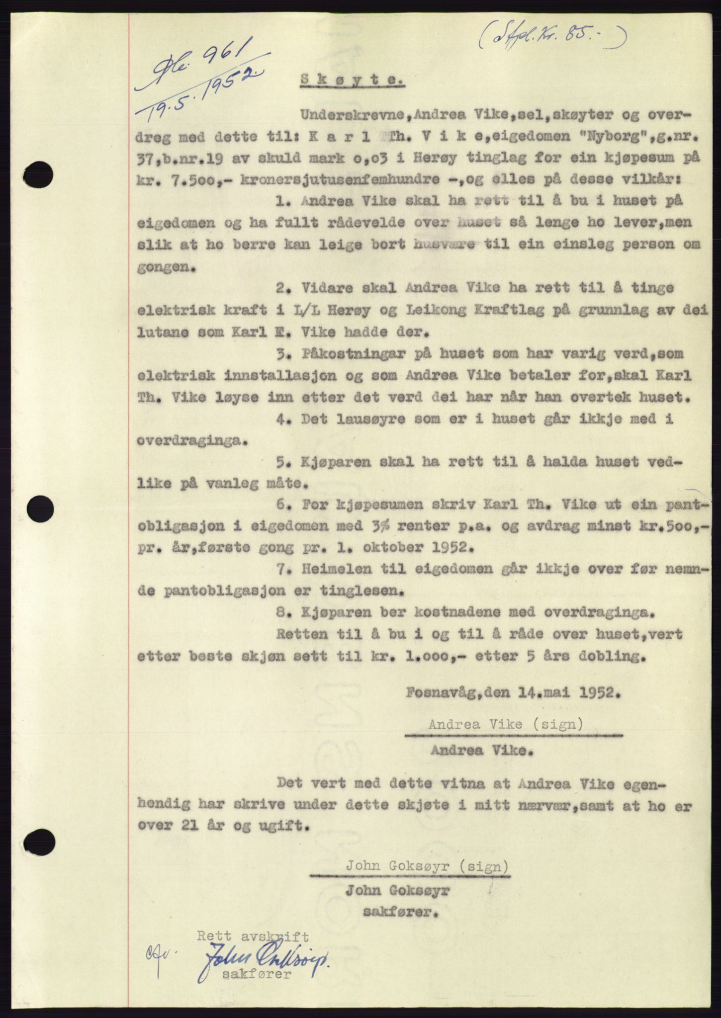 Søre Sunnmøre sorenskriveri, AV/SAT-A-4122/1/2/2C/L0092: Mortgage book no. 18A, 1952-1952, Diary no: : 961/1952