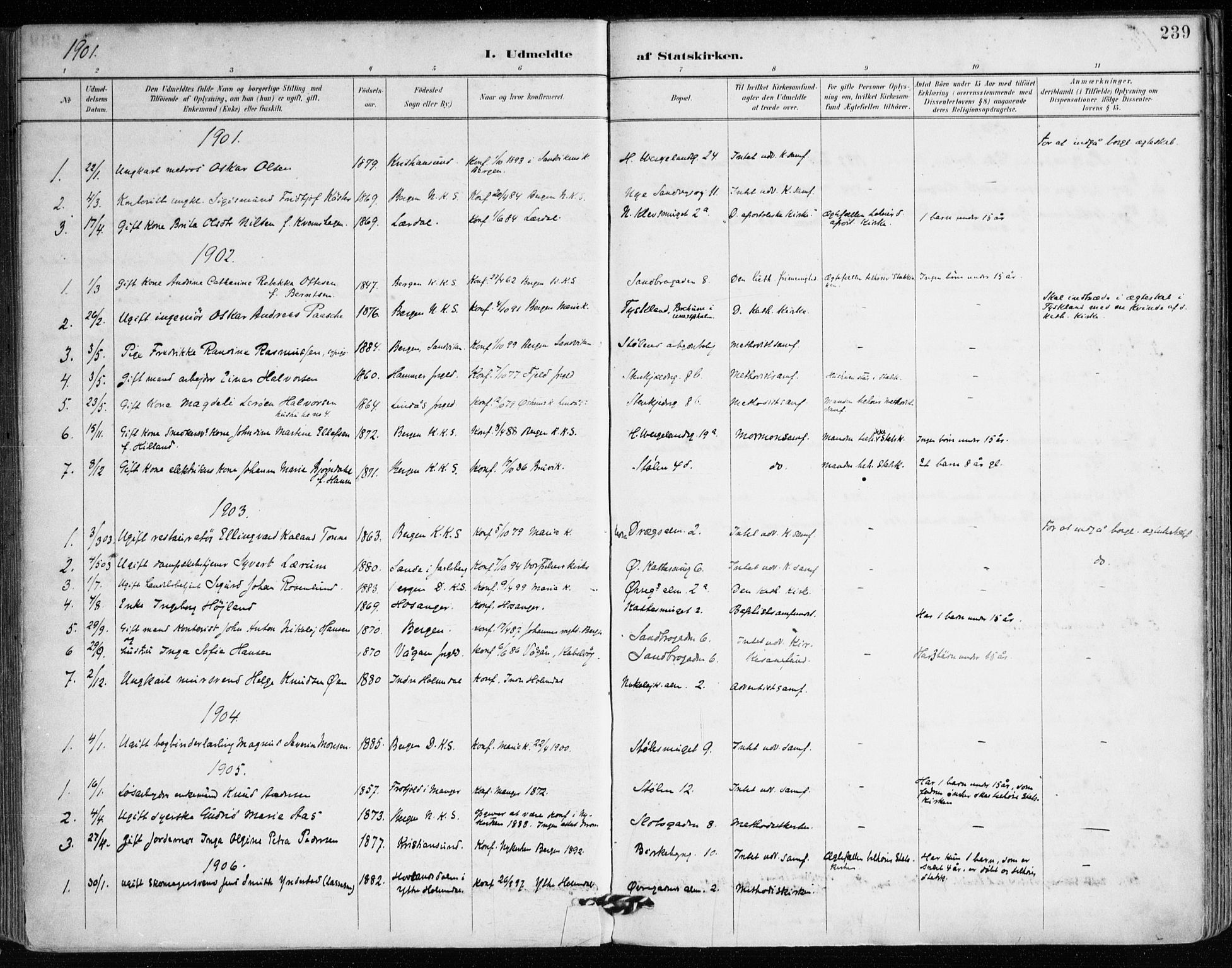 Mariakirken Sokneprestembete, SAB/A-76901/H/Haa/L0008: Parish register (official) no. A 8, 1893-1942, p. 239