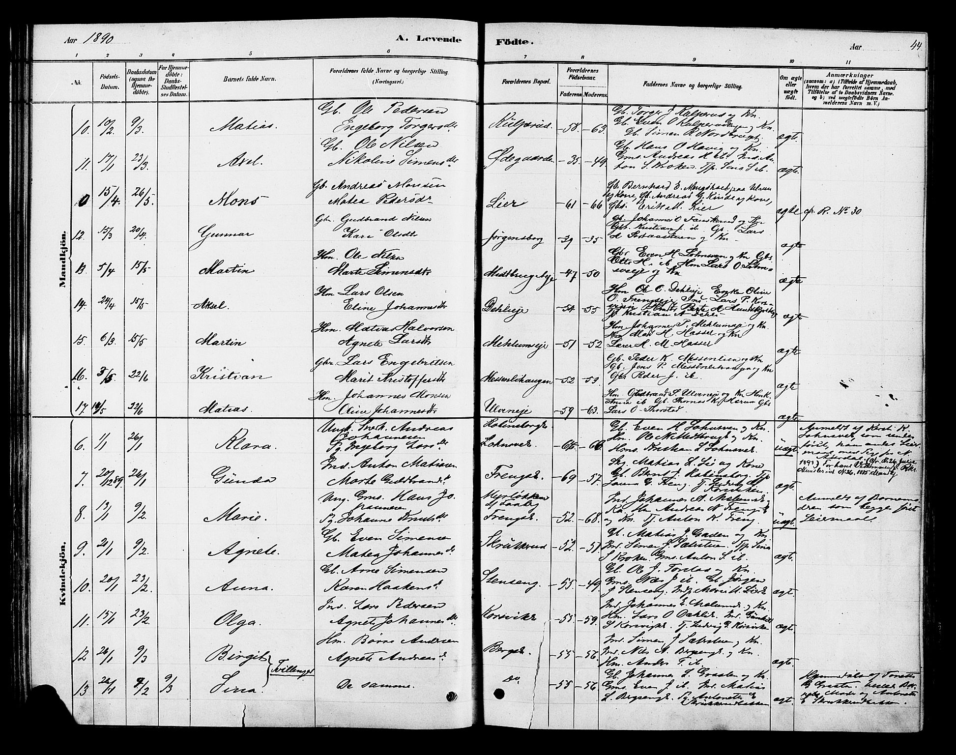 Ringsaker prestekontor, SAH/PREST-014/K/Ka/L0013: Parish register (official) no. 13, 1879-1890, p. 44
