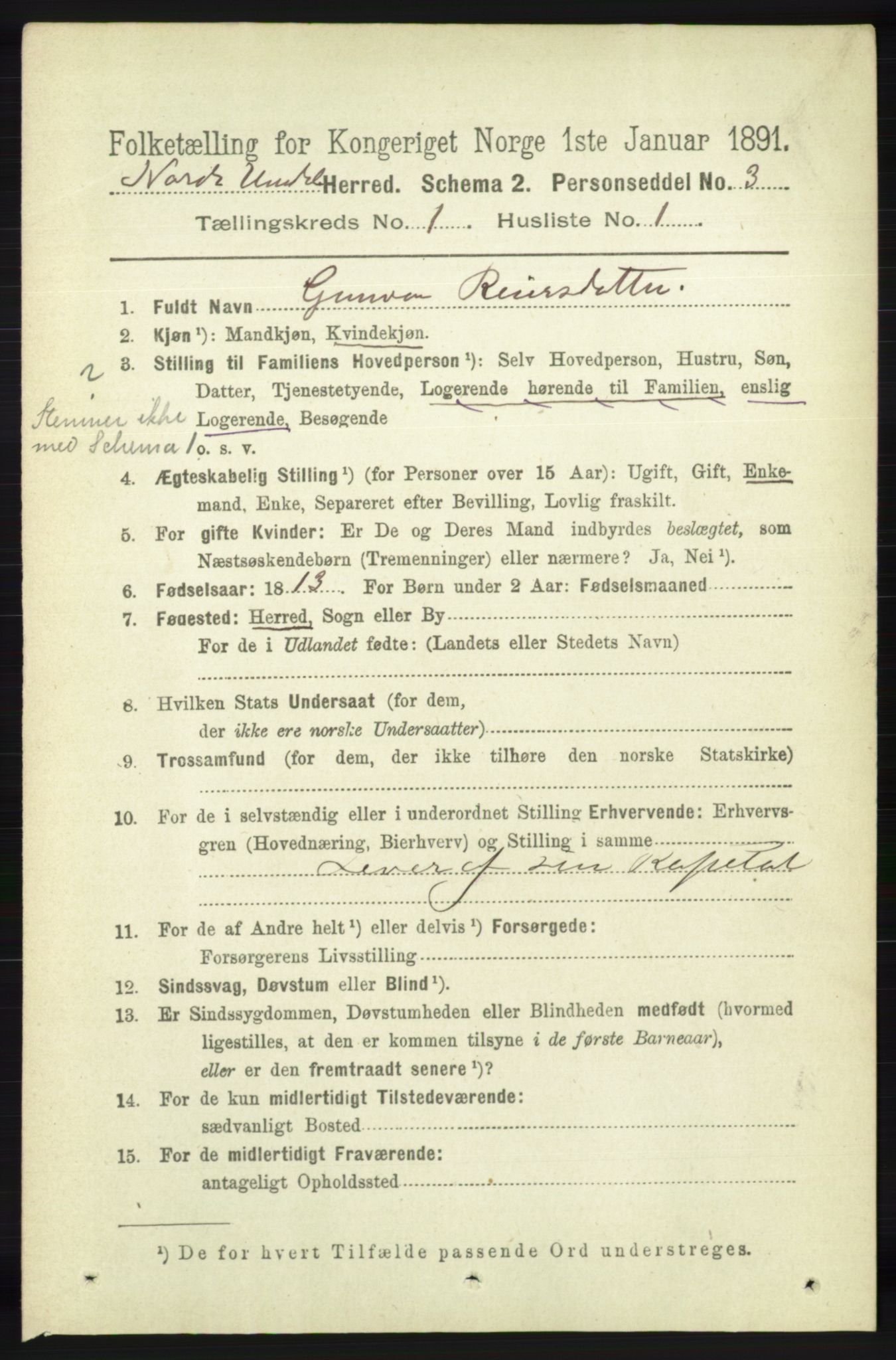 RA, 1891 census for 1028 Nord-Audnedal, 1891, p. 75