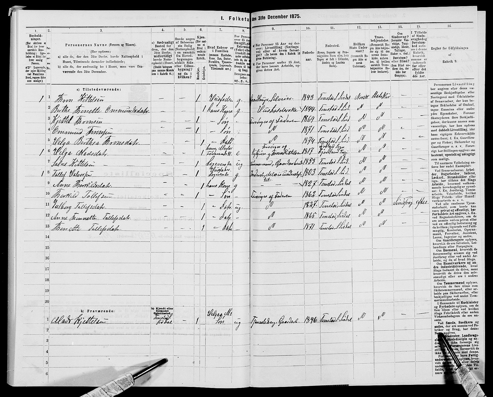 SAK, 1875 census for 1046P Sirdal, 1875, p. 273