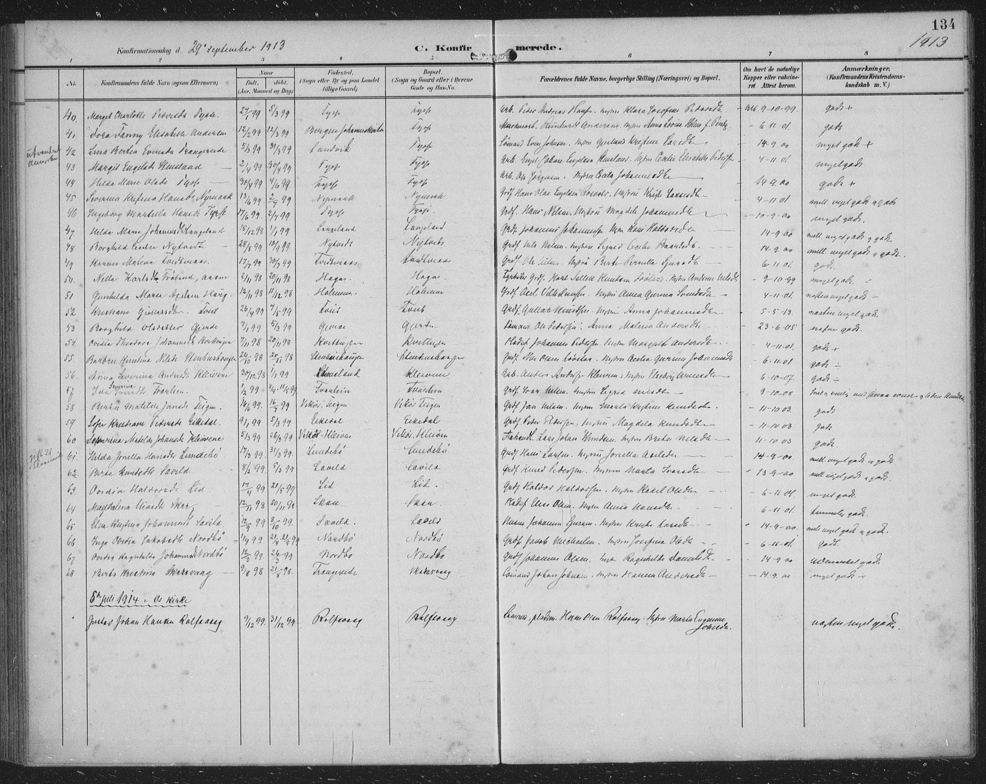 Samnanger Sokneprestembete, SAB/A-77501/H/Haa: Parish register (official) no. A 2, 1902-1918, p. 134