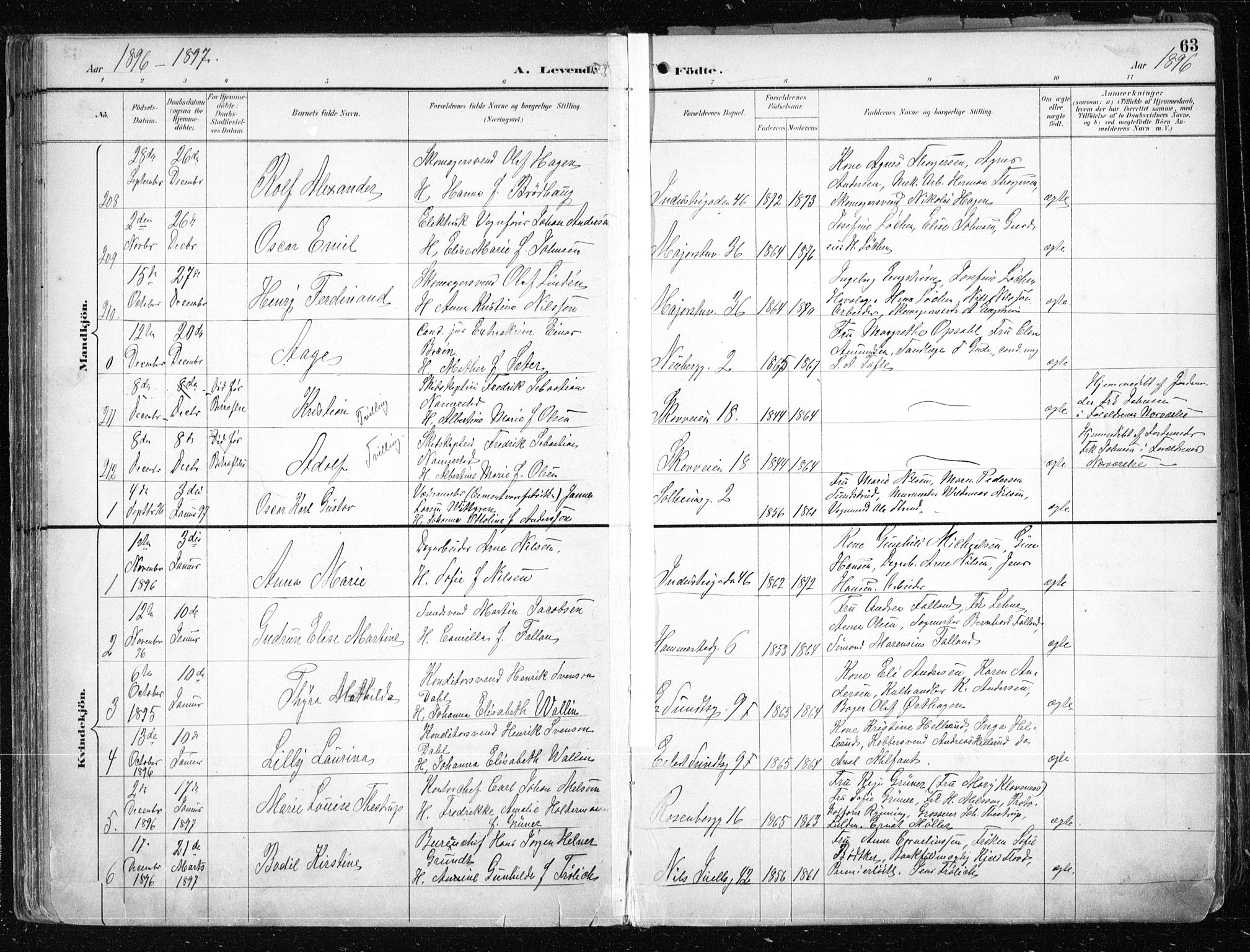 Uranienborg prestekontor Kirkebøker, SAO/A-10877/F/Fa/L0005: Parish register (official) no. 5, 1895-1907, p. 63