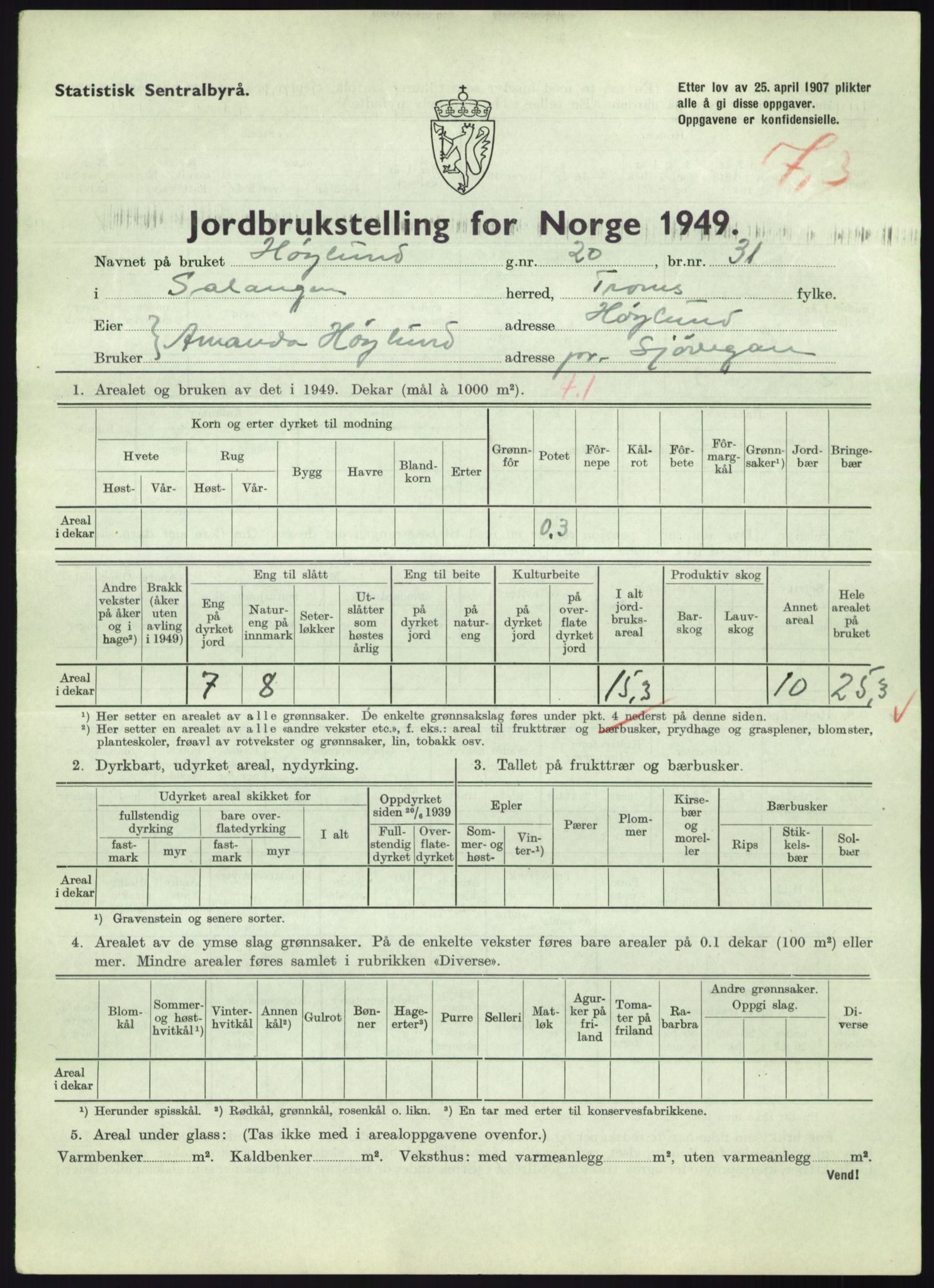 Statistisk sentralbyrå, Næringsøkonomiske emner, Jordbruk, skogbruk, jakt, fiske og fangst, AV/RA-S-2234/G/Gc/L0438: Troms: Salangen og Bardu, 1949, p. 381