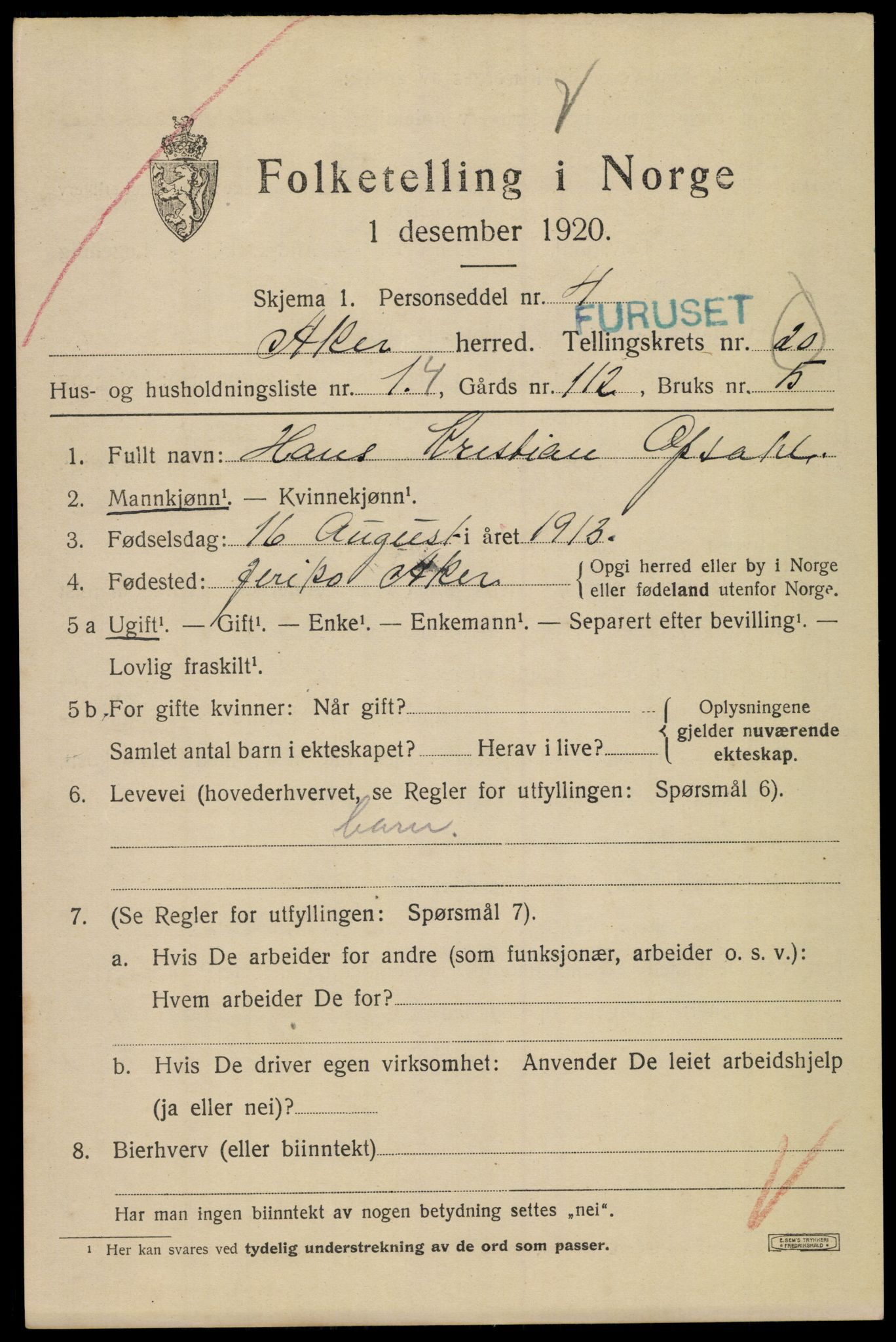 SAO, 1920 census for Aker, 1920, p. 122220