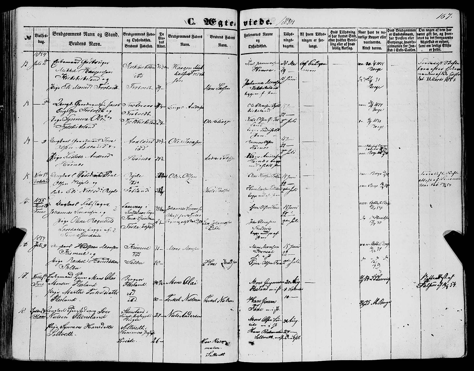 Fana Sokneprestembete, AV/SAB-A-75101/H/Haa/Haaa/L0011: Parish register (official) no. A 11, 1851-1862, p. 167