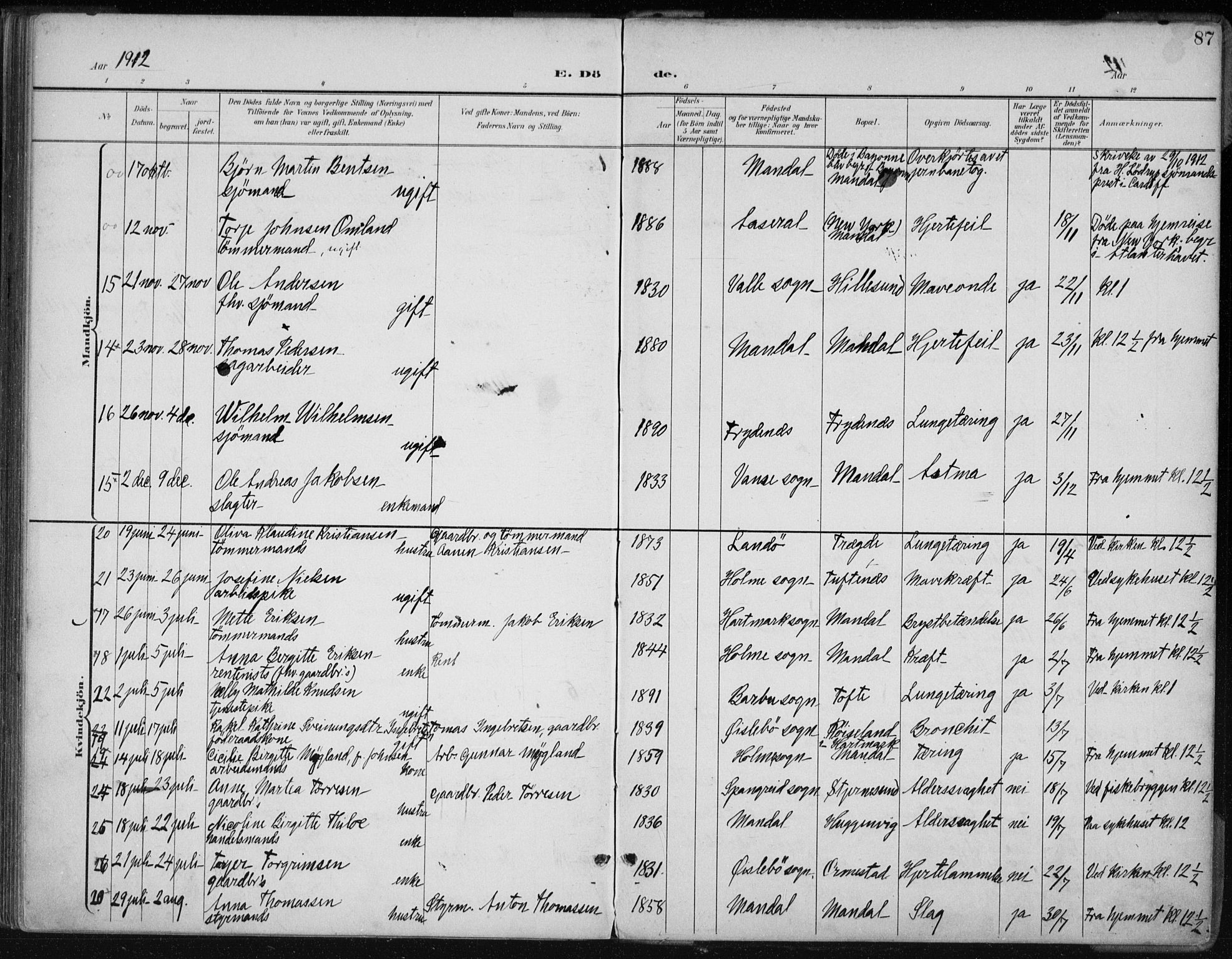 Mandal sokneprestkontor, AV/SAK-1111-0030/F/Fa/Faa/L0021: Parish register (official) no. A 21, 1898-1913, p. 87