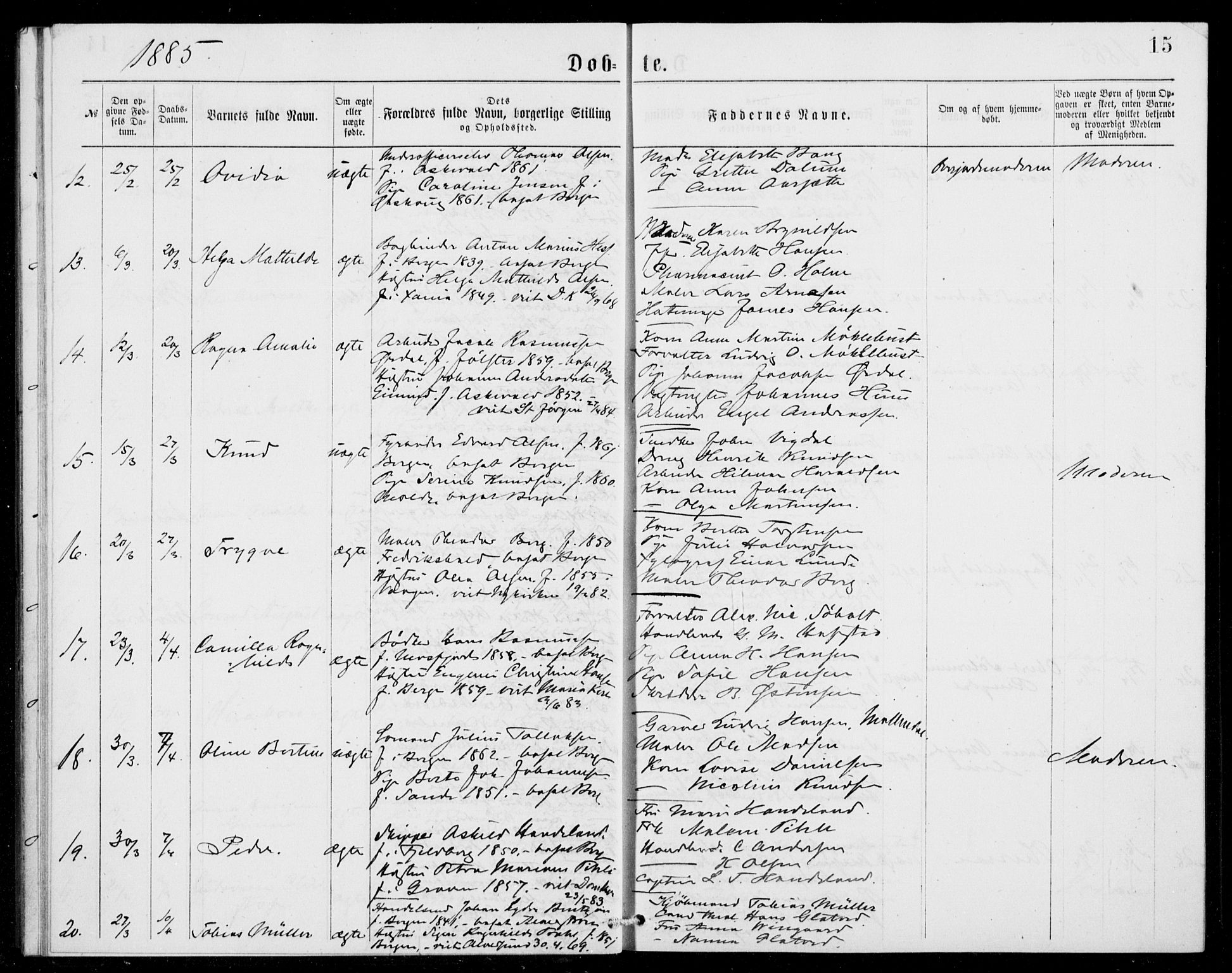 Fødselsstiftelsens sokneprestembete, ført av overlegen*, SAB/-: Parish register (official) no. A 2, 1884-1900, p. 15