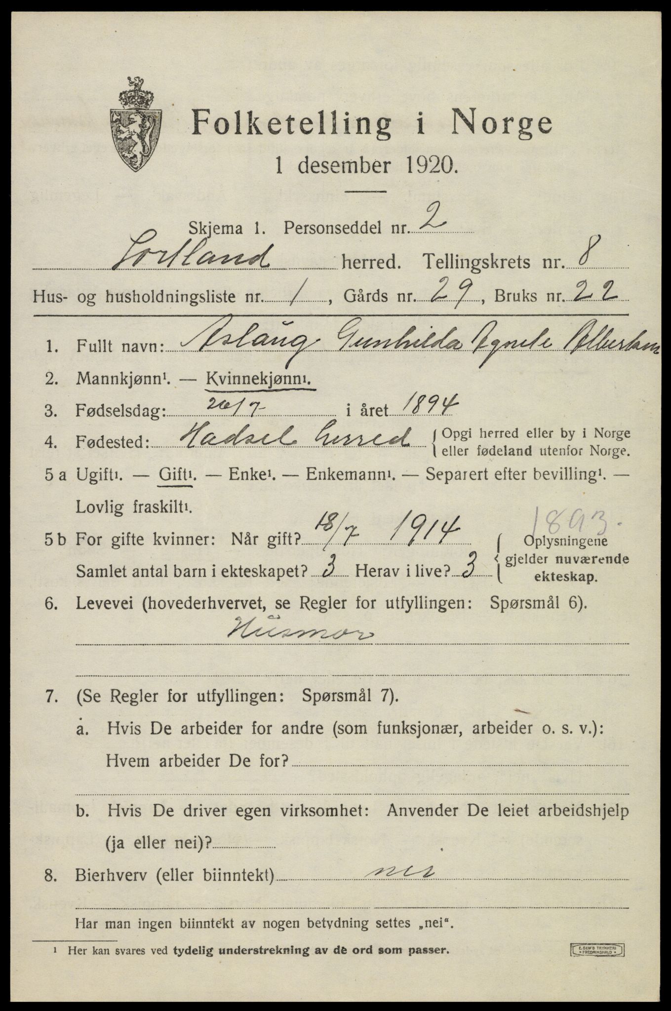 SAT, 1920 census for Sortland, 1920, p. 6776