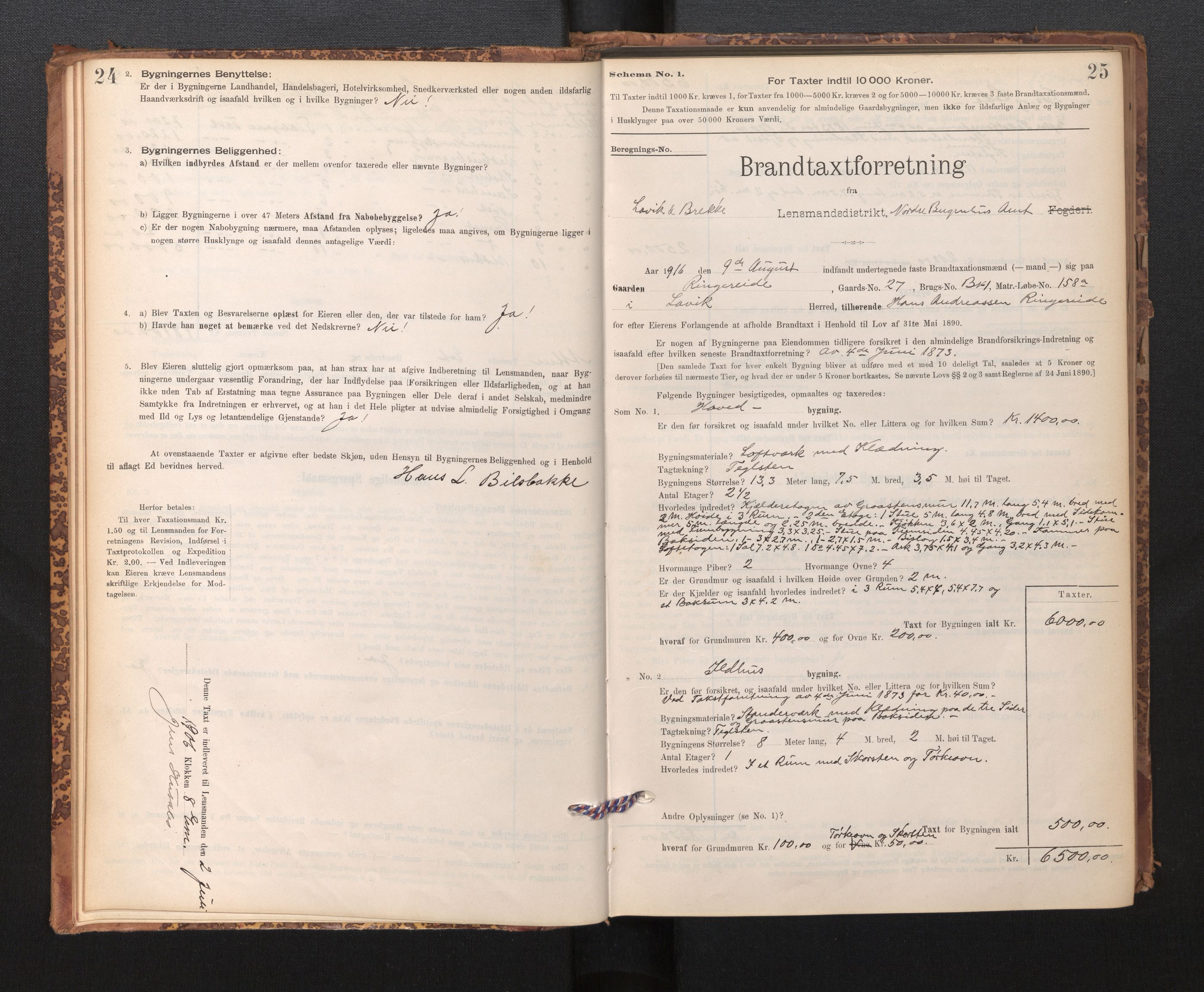 Lensmannen i Lavik, SAB/A-29101/0012/L0002: Branntakstprotokoll, skjematakst, 1895-1933, p. 24-25