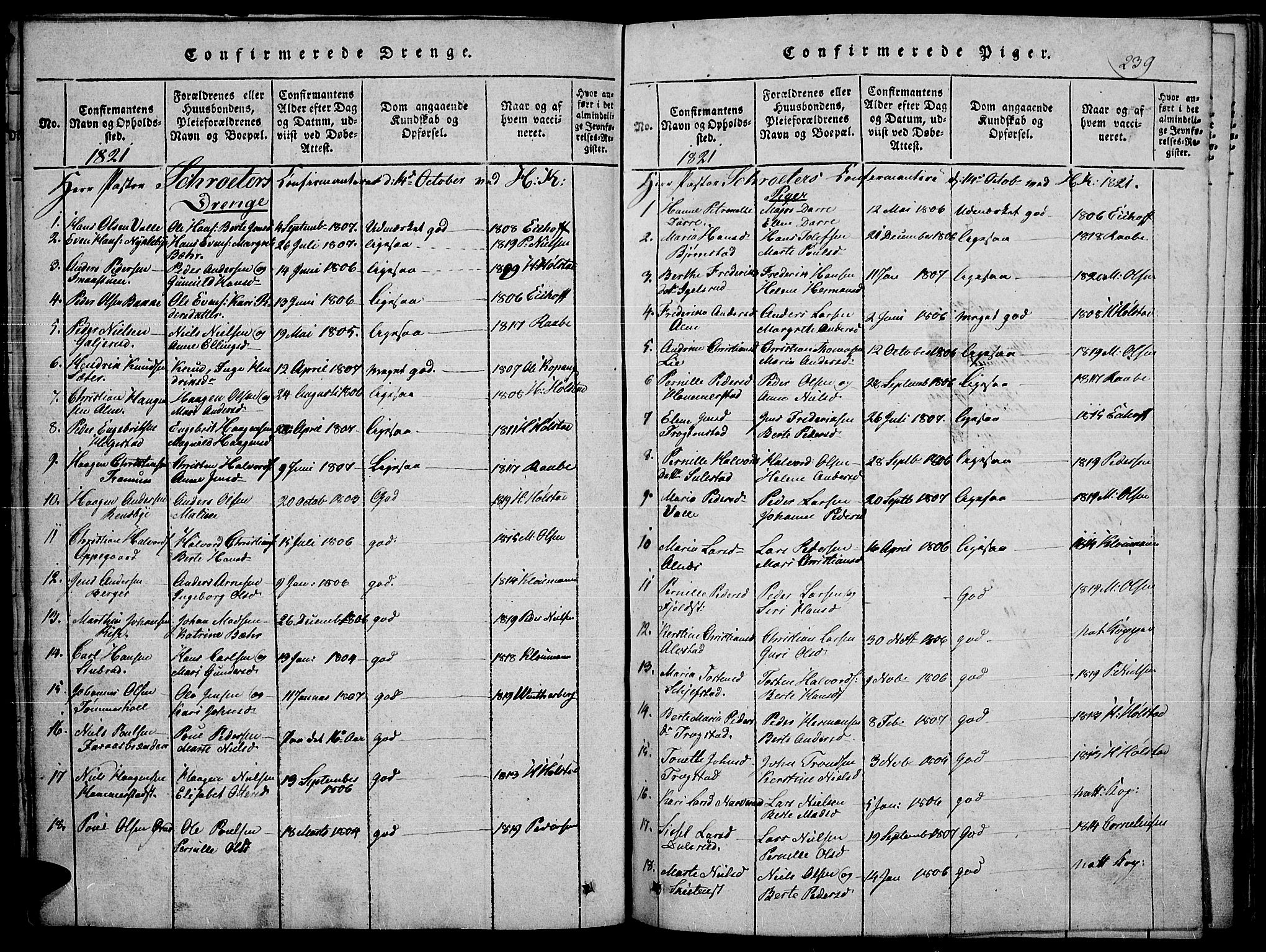 Toten prestekontor, SAH/PREST-102/H/Ha/Haa/L0010: Parish register (official) no. 10, 1820-1828, p. 239