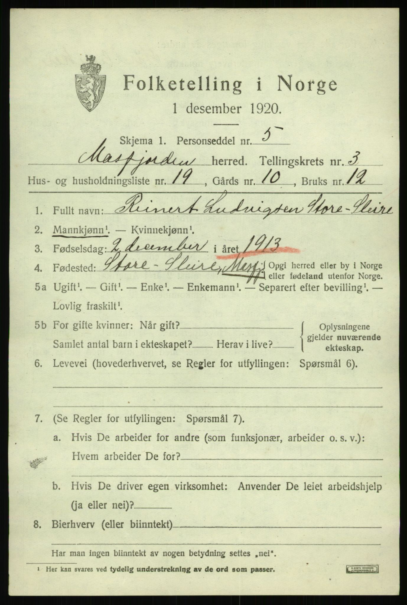 SAB, 1920 census for Masfjorden, 1920, p. 1655