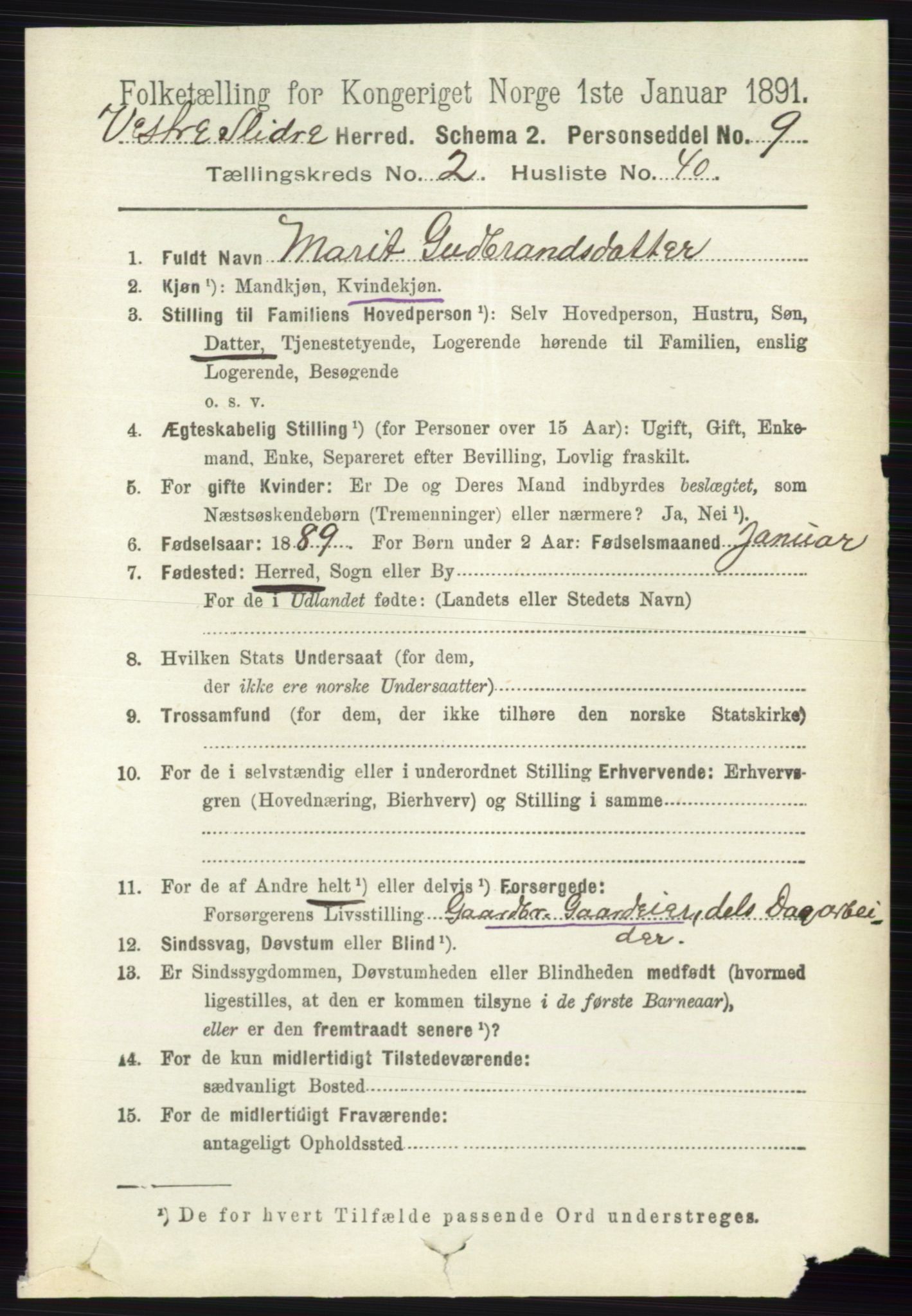 RA, 1891 census for 0543 Vestre Slidre, 1891, p. 761