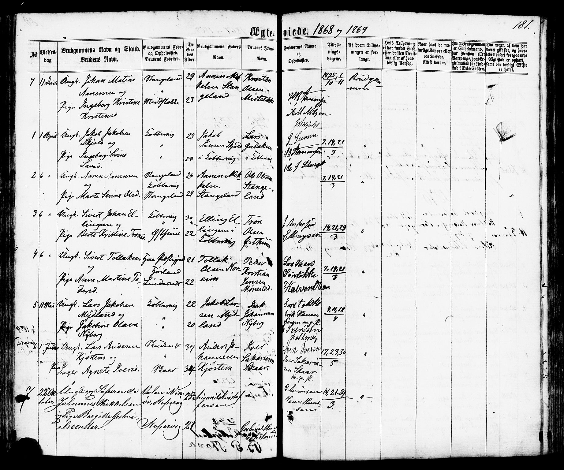 Avaldsnes sokneprestkontor, SAST/A -101851/H/Ha/Haa/L0011: Parish register (official) no. A 11, 1861-1880, p. 181