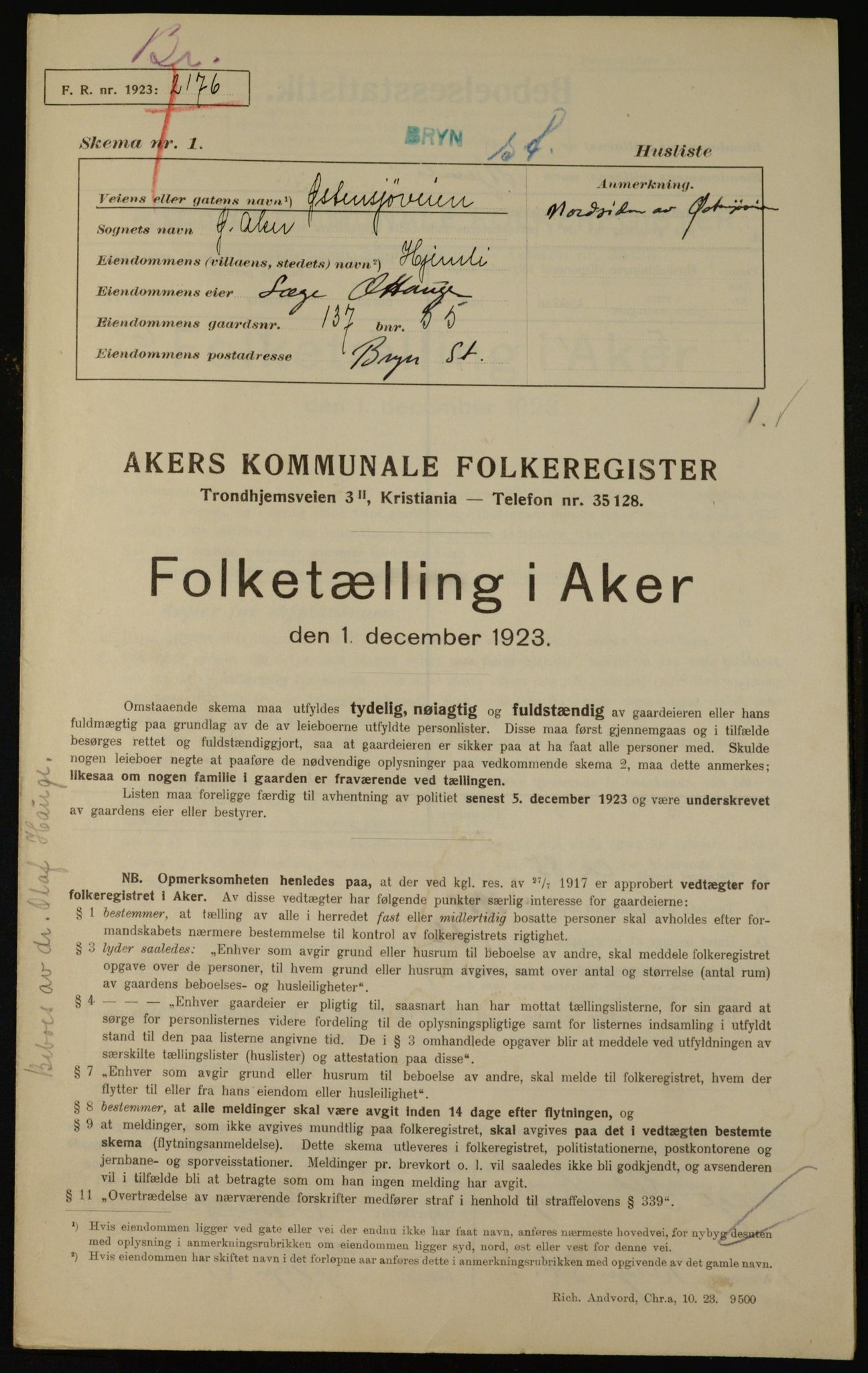 , Municipal Census 1923 for Aker, 1923, p. 36372