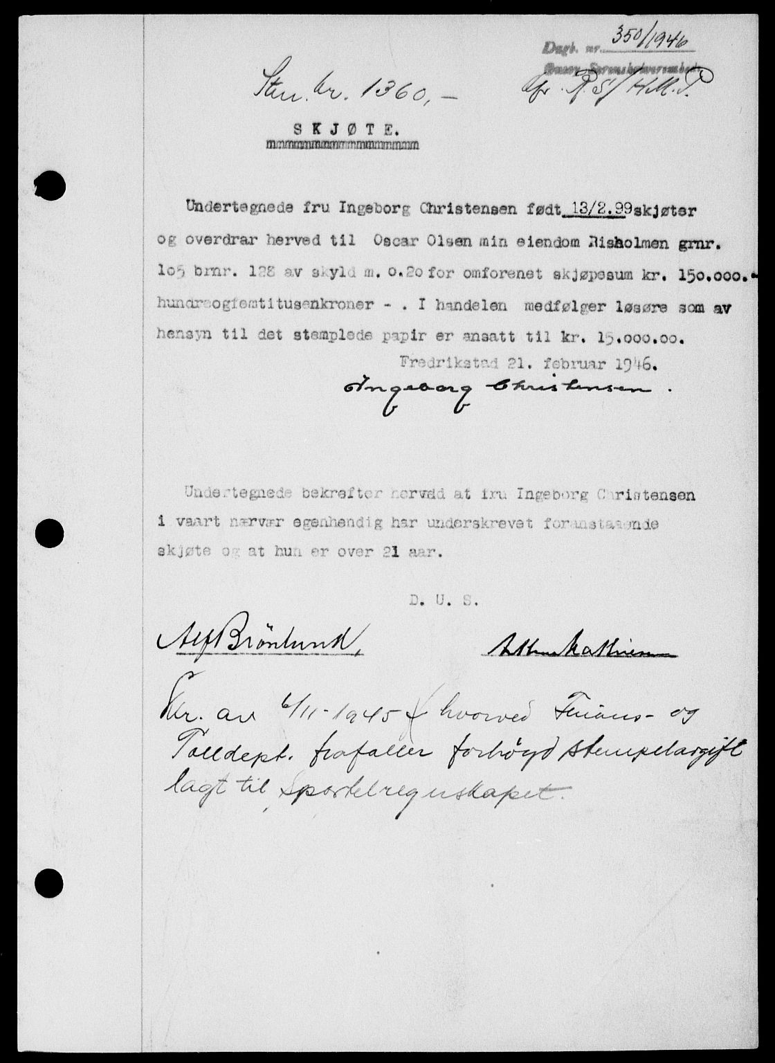 Onsøy sorenskriveri, SAO/A-10474/G/Ga/Gab/L0015: Mortgage book no. II A-15, 1945-1946, Diary no: : 350/1946