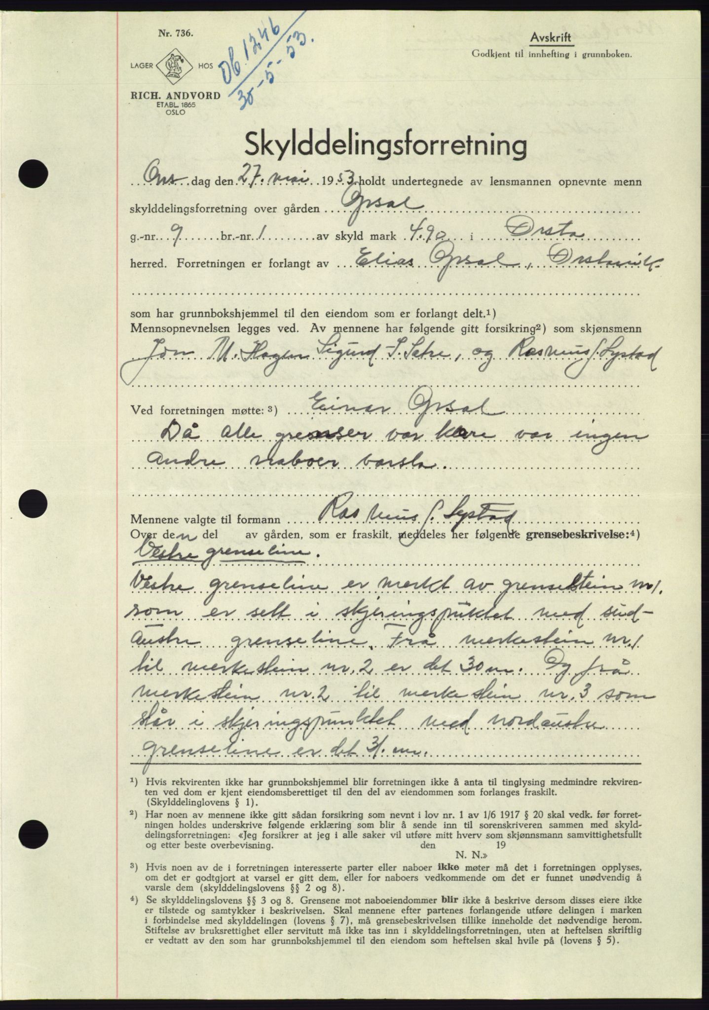 Søre Sunnmøre sorenskriveri, AV/SAT-A-4122/1/2/2C/L0095: Mortgage book no. 21A, 1953-1953, Diary no: : 1246/1953
