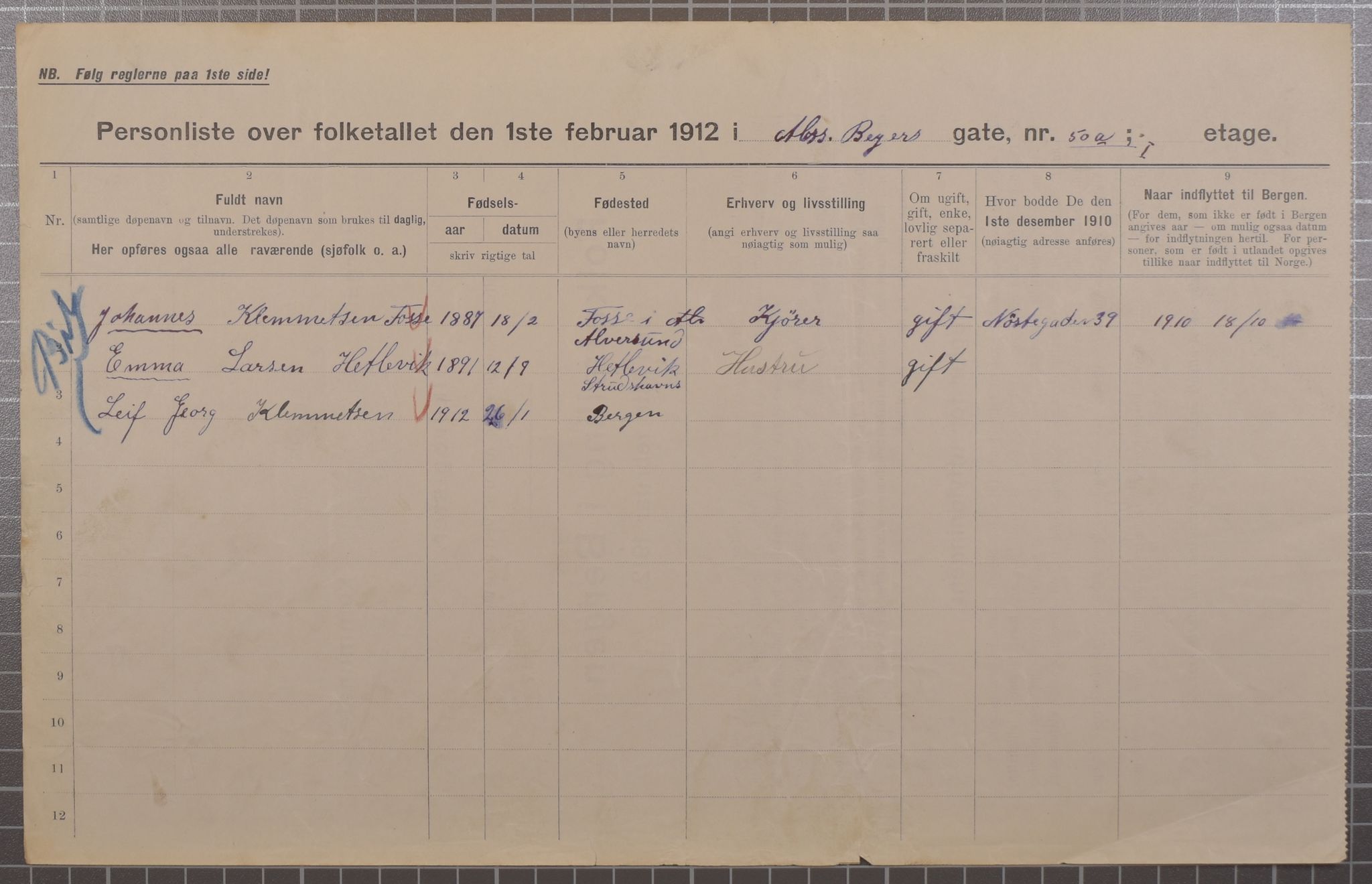 SAB, Municipal Census 1912 for Bergen, 1912, p. 922