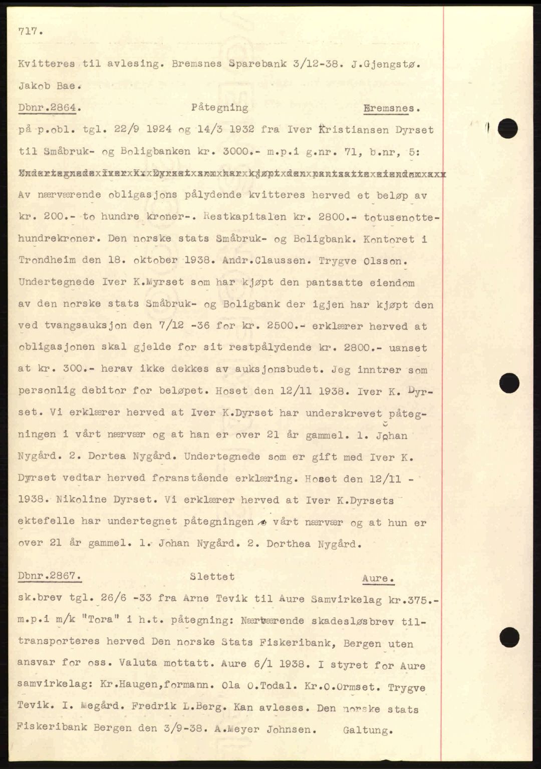 Nordmøre sorenskriveri, AV/SAT-A-4132/1/2/2Ca: Mortgage book no. C80, 1936-1939, Diary no: : 2864/1938