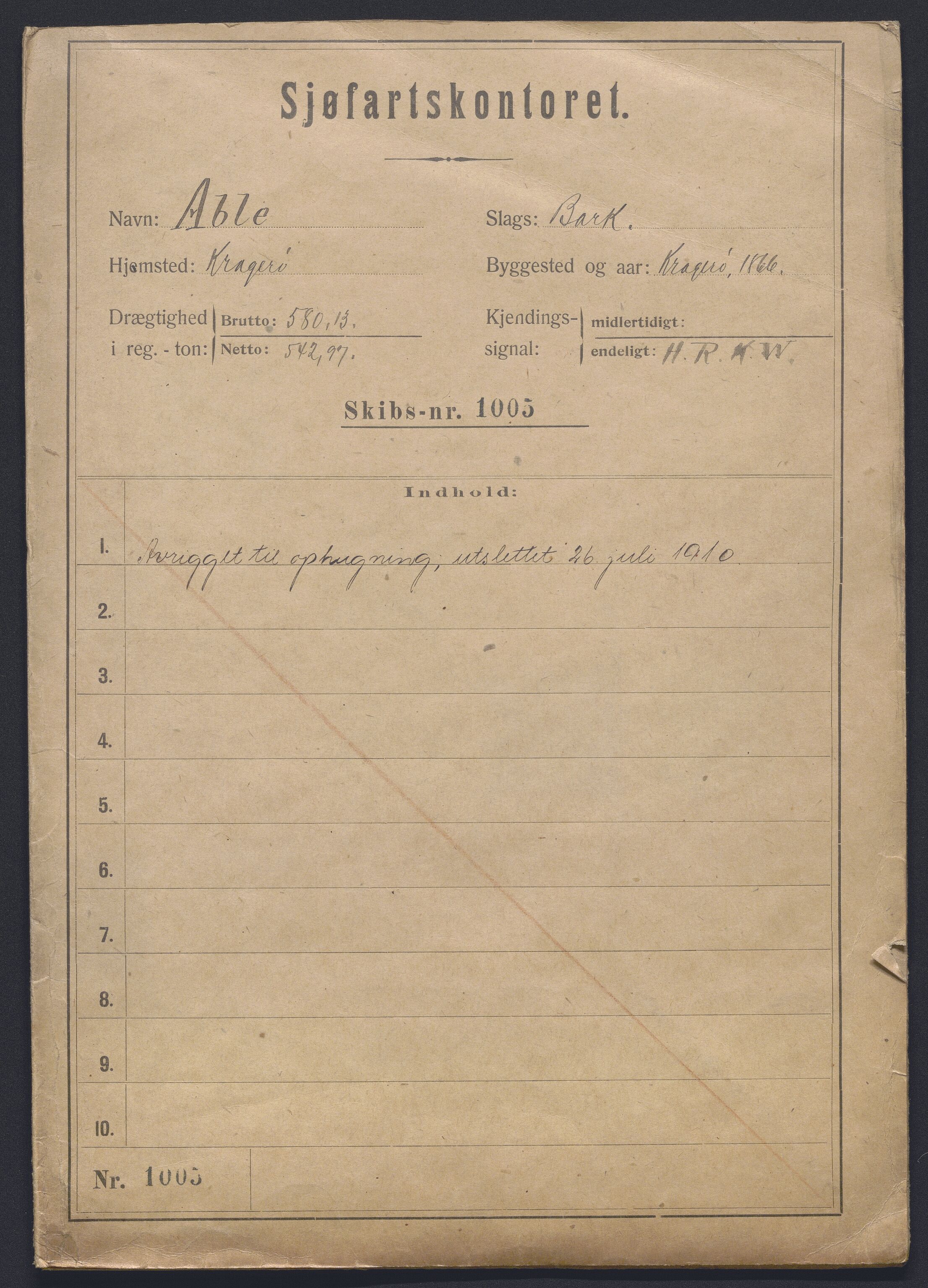 Sjøfartsdirektoratet med forløpere, skipsmapper slettede skip, AV/RA-S-4998/F/Fa/L0001: --, 1860-1922, p. 1