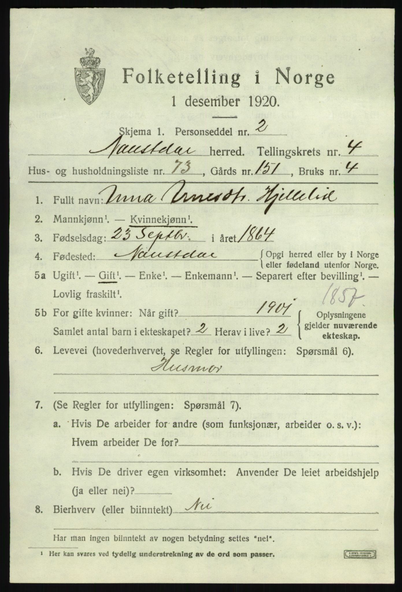 SAB, 1920 census for Naustdal, 1920, p. 3077