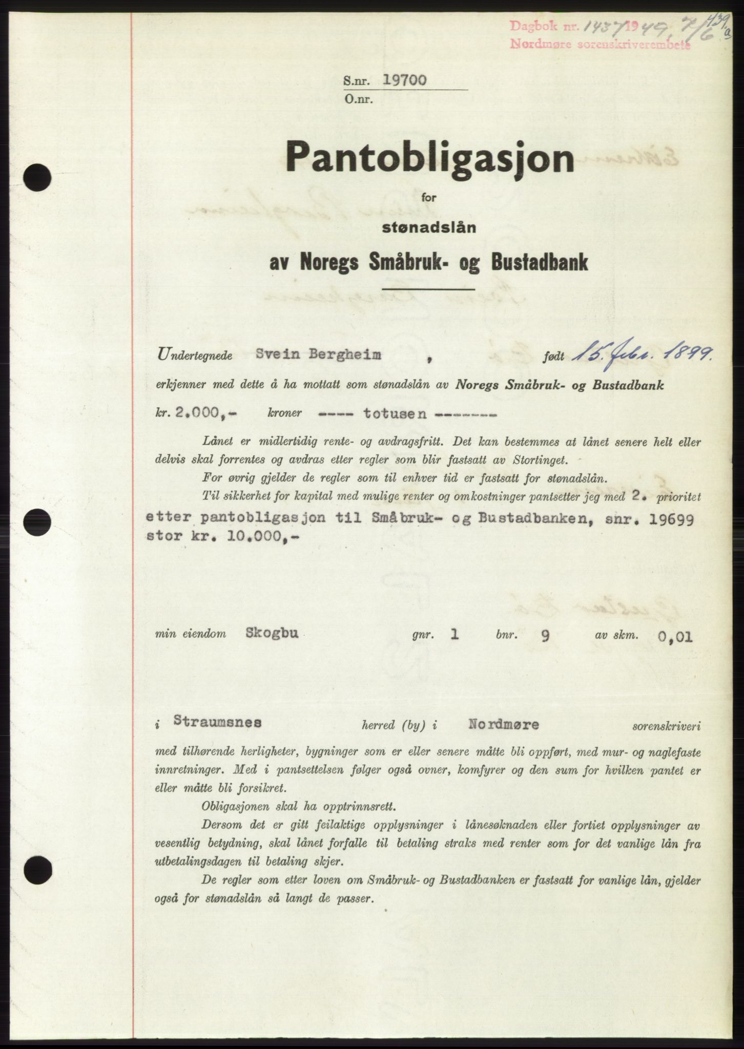 Nordmøre sorenskriveri, AV/SAT-A-4132/1/2/2Ca: Mortgage book no. B101, 1949-1949, Diary no: : 1437/1949