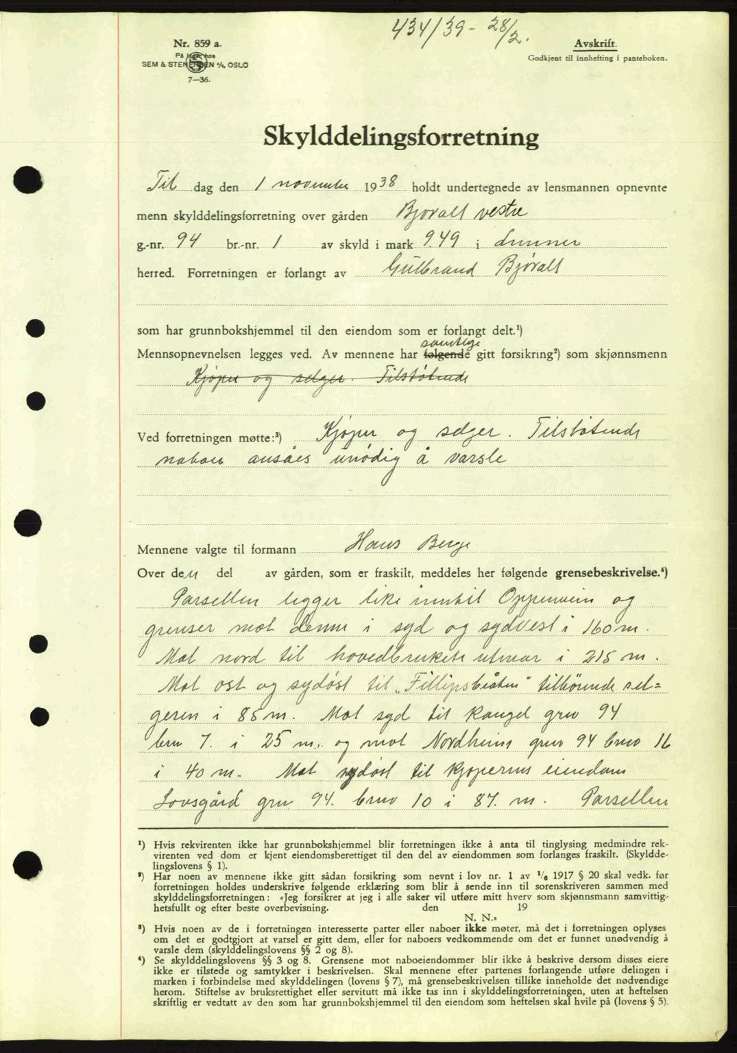 Hadeland og Land tingrett, AV/SAH-TING-010/H/Hb/Hbb/L0077: Mortgage book no. A77, 1938-1939, Diary no: : 434/1939
