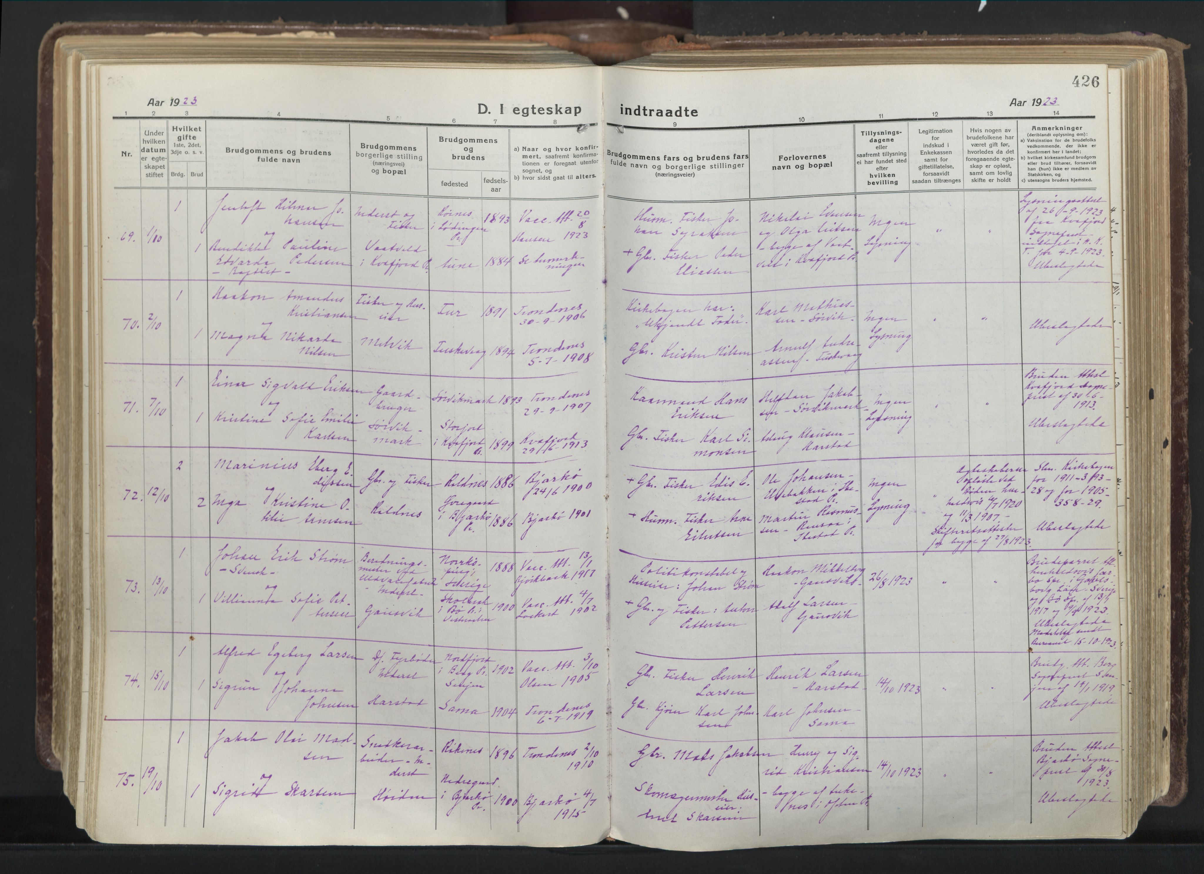 Trondenes sokneprestkontor, AV/SATØ-S-1319/H/Ha/L0019kirke: Parish register (official) no. 19, 1919-1928, p. 426