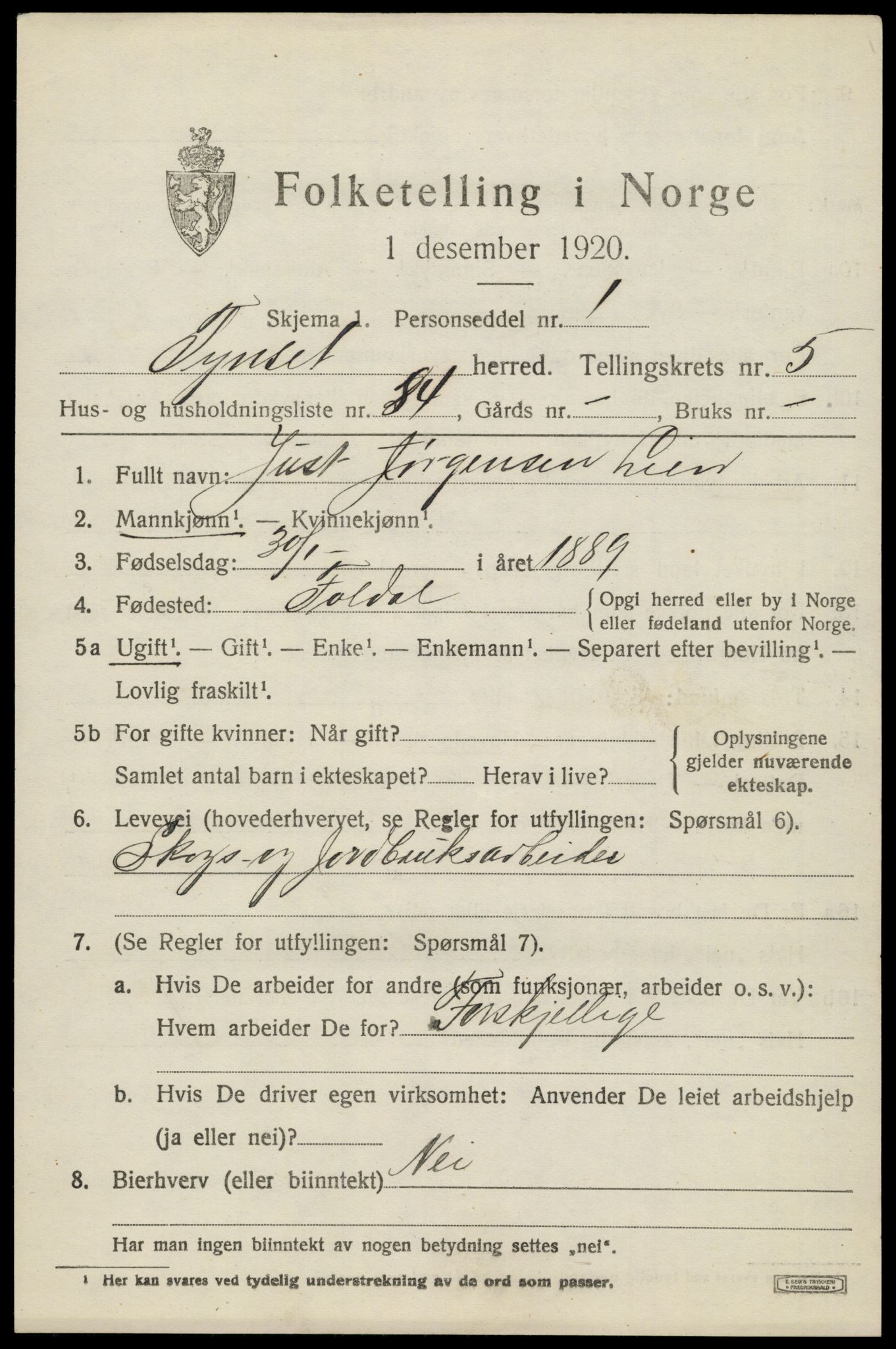 SAH, 1920 census for Tynset, 1920, p. 5508