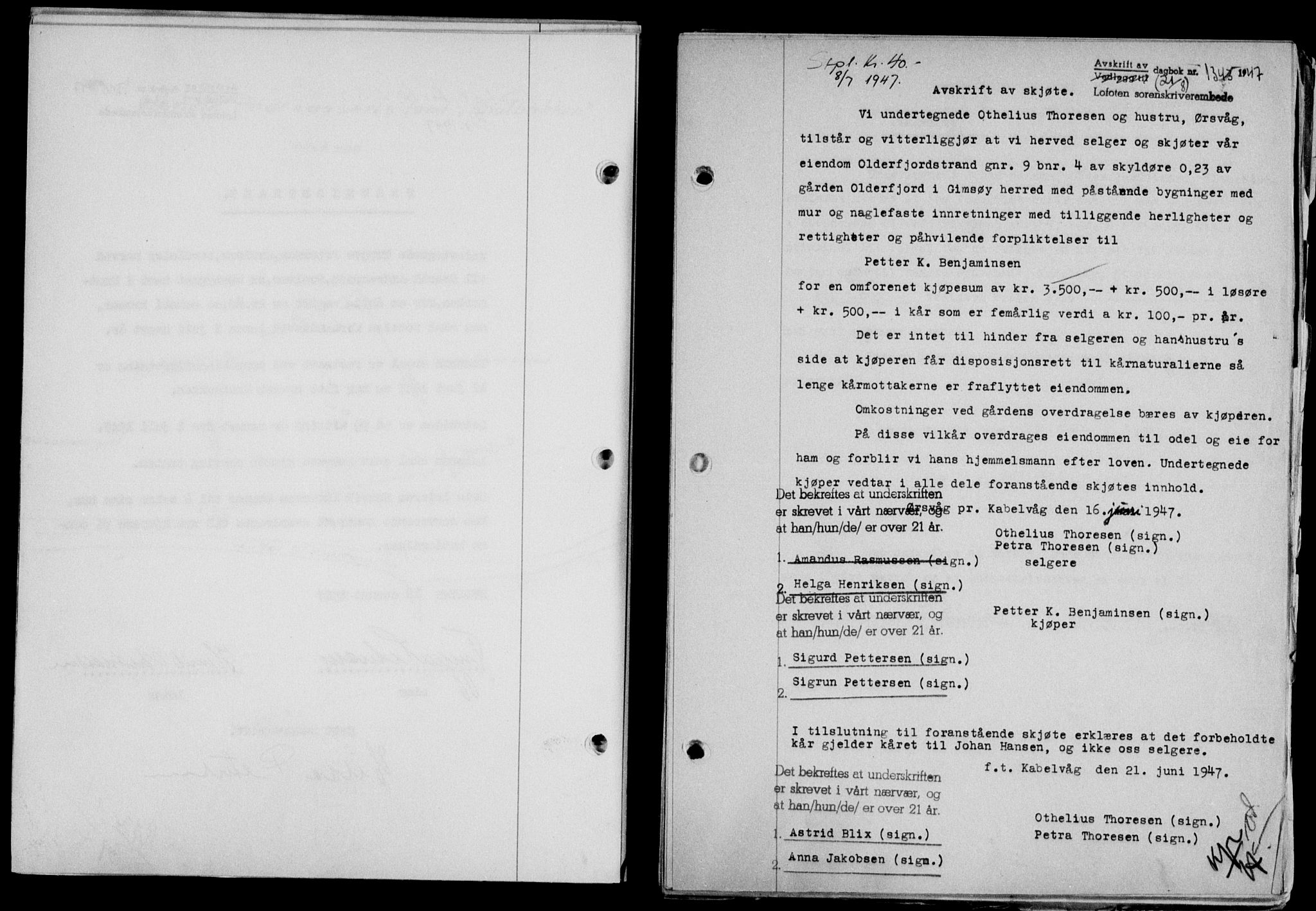 Lofoten sorenskriveri, SAT/A-0017/1/2/2C/L0016a: Mortgage book no. 16a, 1947-1947, Diary no: : 1343/1947