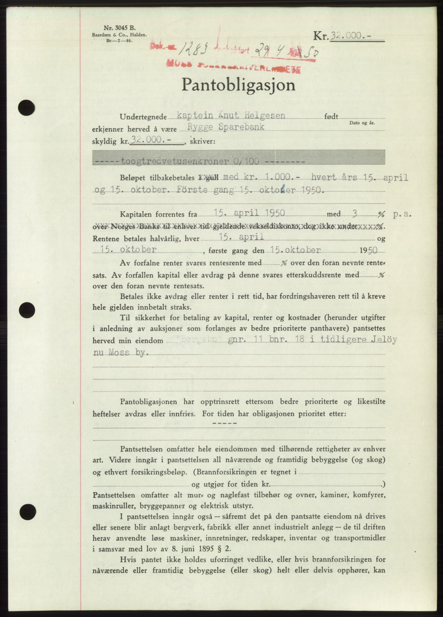 Moss sorenskriveri, AV/SAO-A-10168: Mortgage book no. B24, 1950-1950, Diary no: : 1283/1950