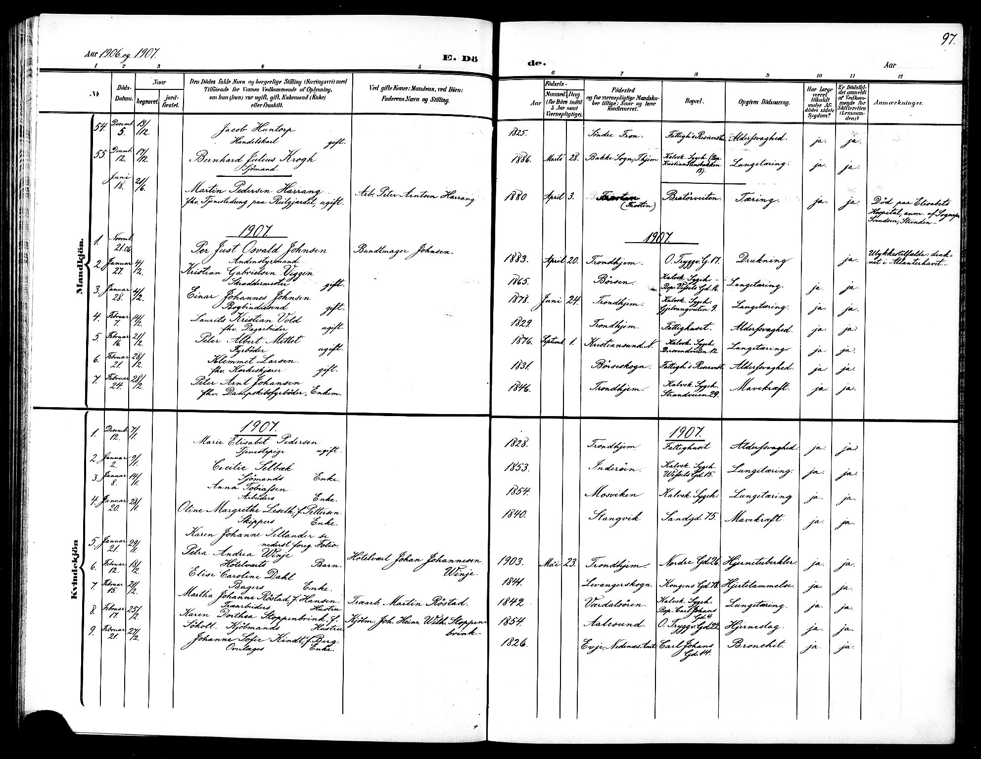 Ministerialprotokoller, klokkerbøker og fødselsregistre - Sør-Trøndelag, SAT/A-1456/602/L0146: Parish register (copy) no. 602C14, 1904-1914, p. 97