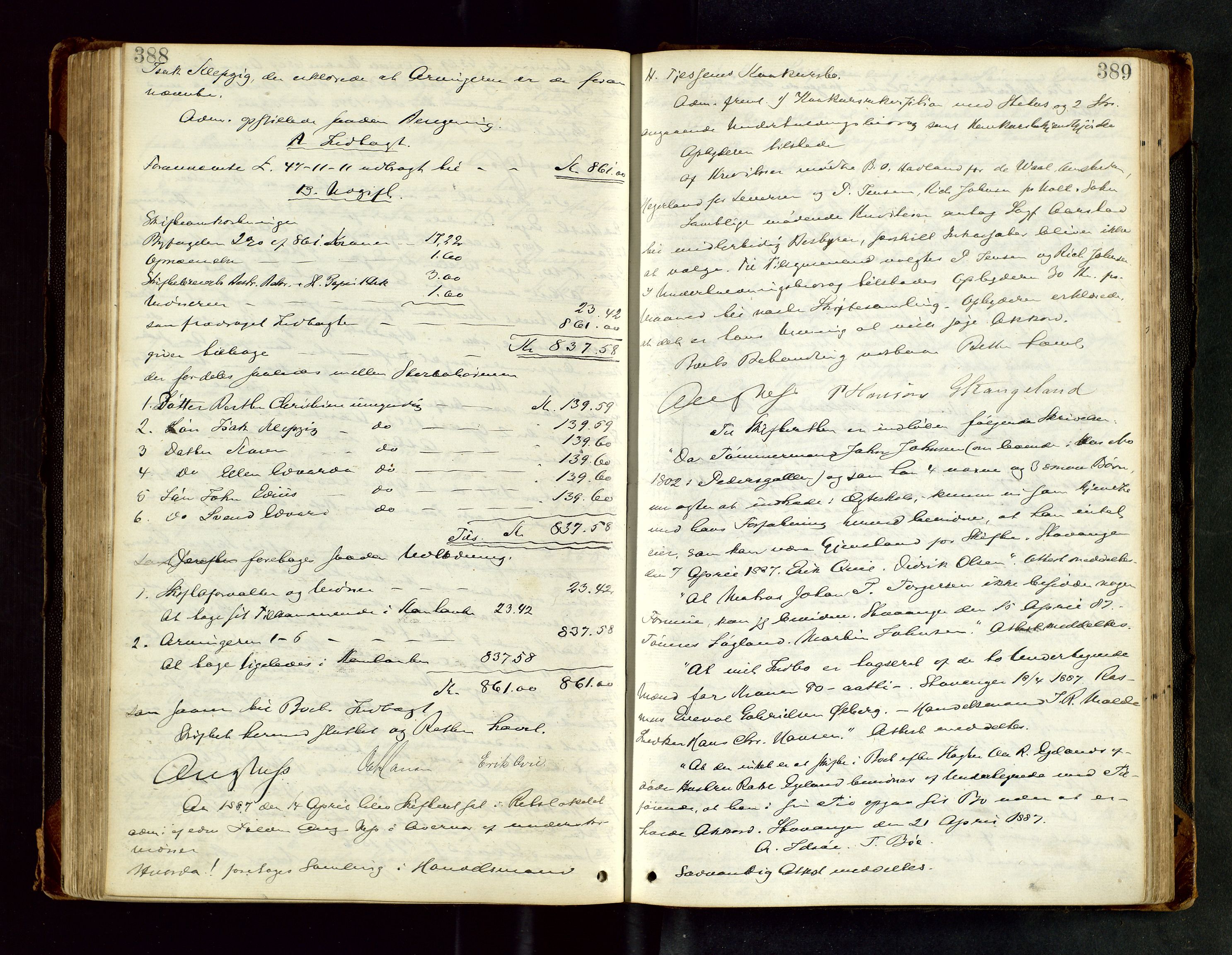 Stavanger byfogd, AV/SAST-A-101408/001/5/50/503BB/L0017: Skifteforhandlingsprotokoll, 1883-1889, p. 388-389