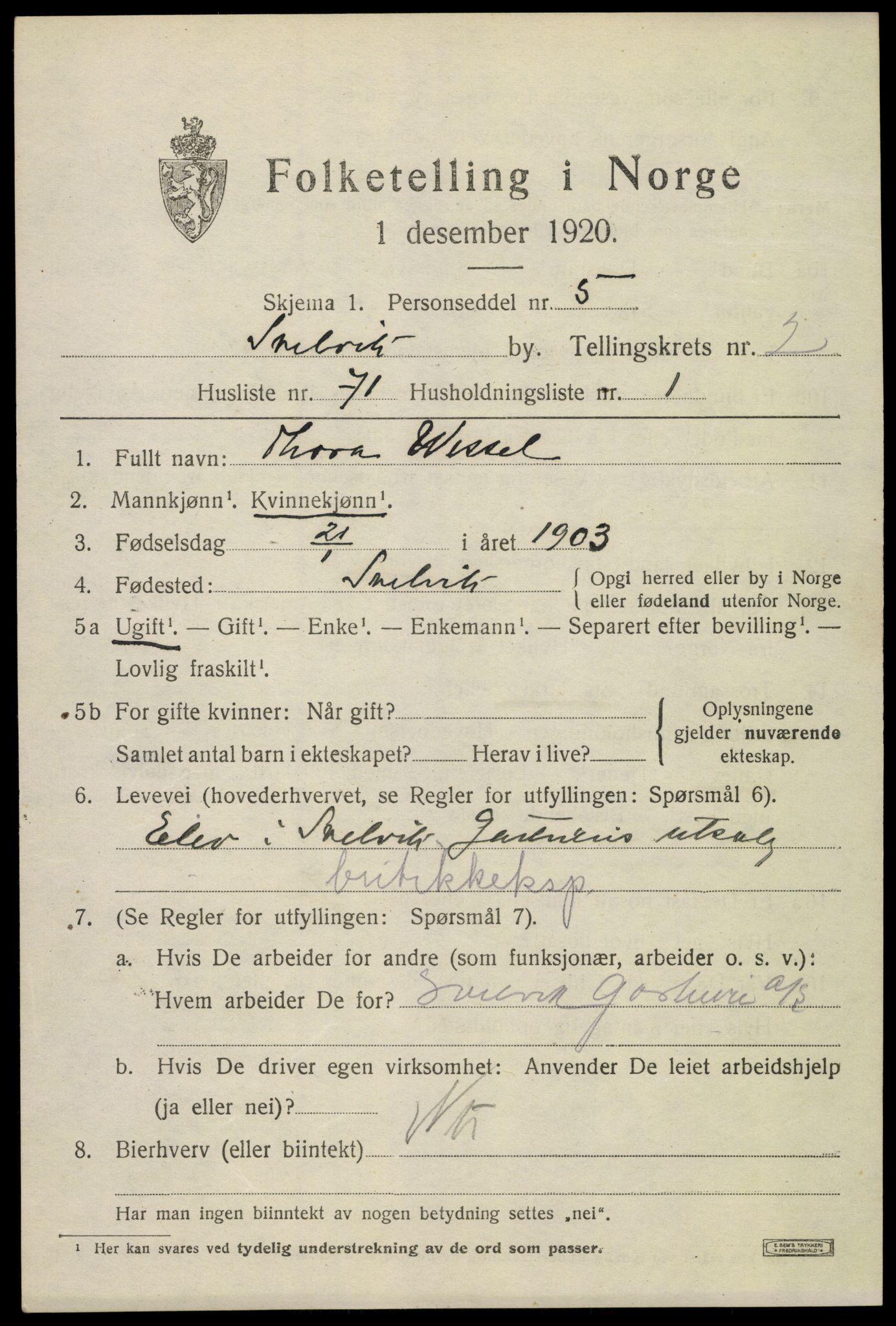 SAKO, 1920 census for Svelvik, 1920, p. 3137