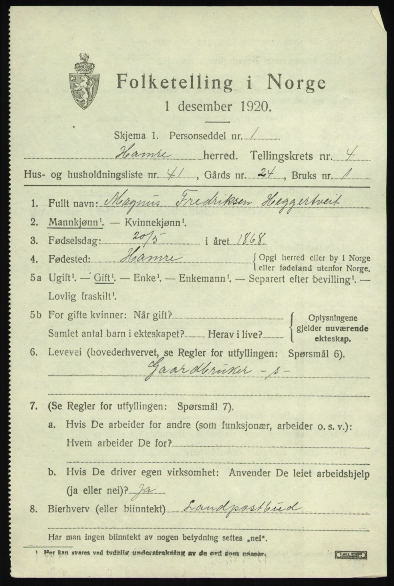SAB, 1920 census for Hamre, 1920, p. 2791