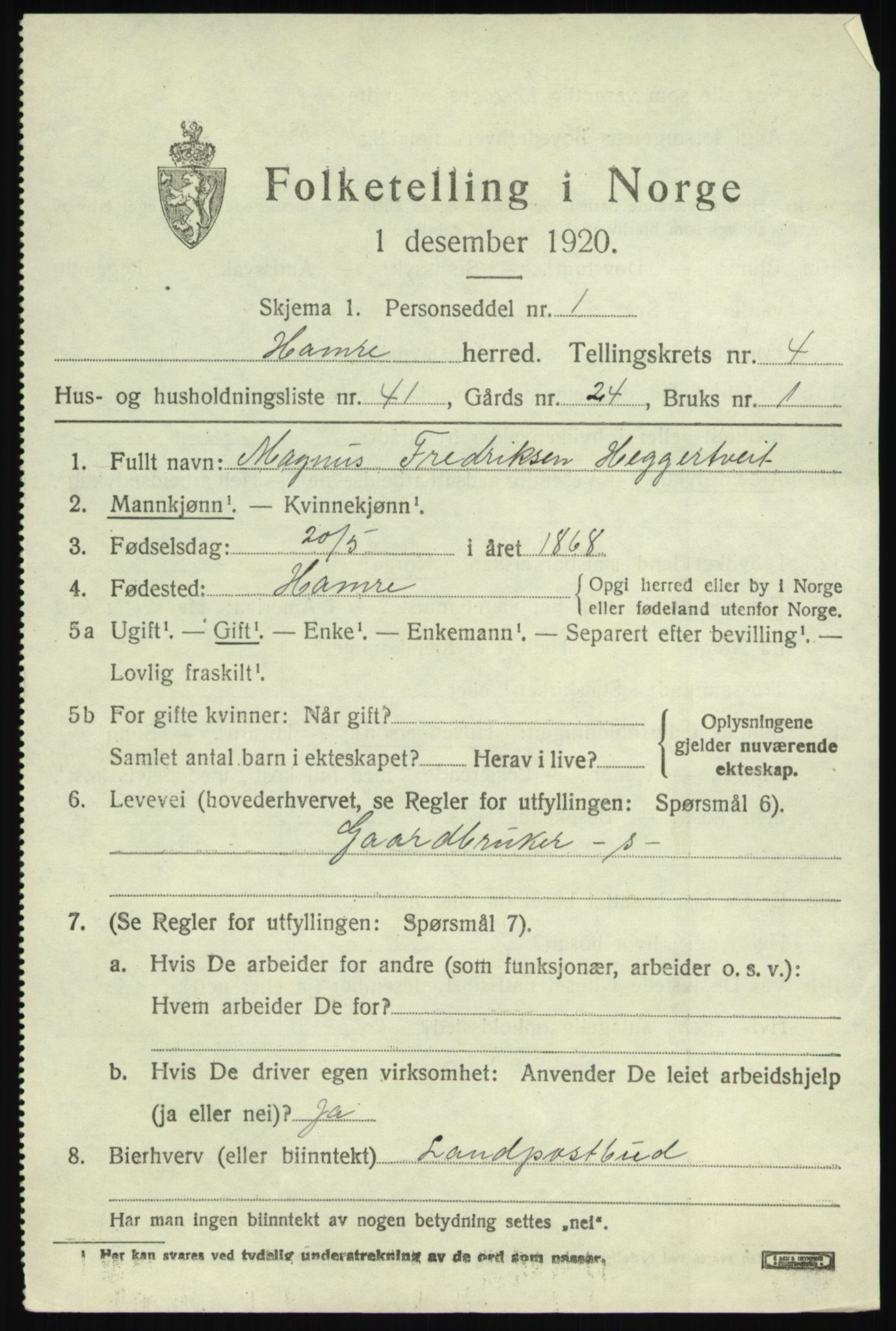 SAB, 1920 census for Hamre, 1920, p. 2791