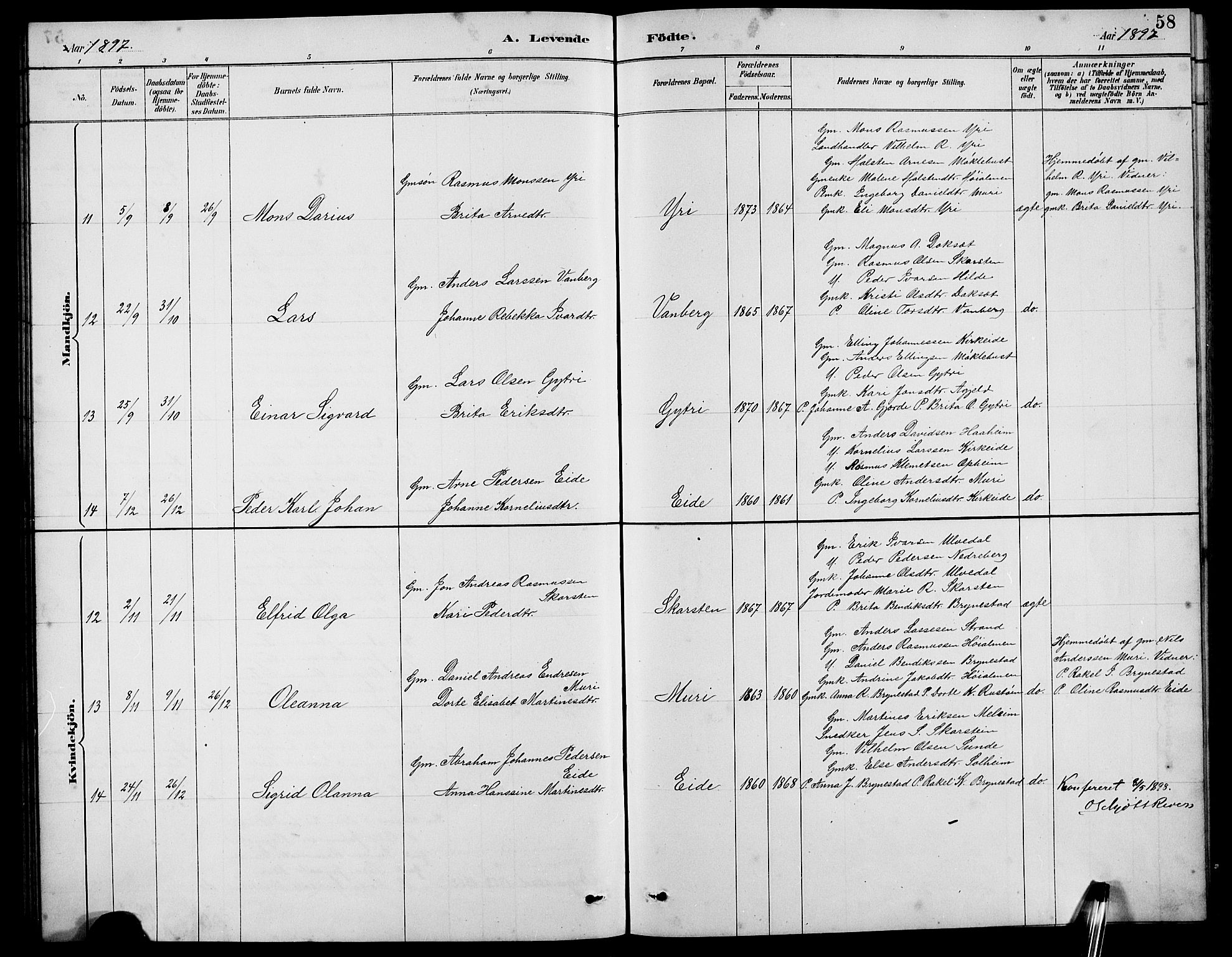Innvik sokneprestembete, SAB/A-80501: Parish register (copy) no. B 3, 1886-1897, p. 58