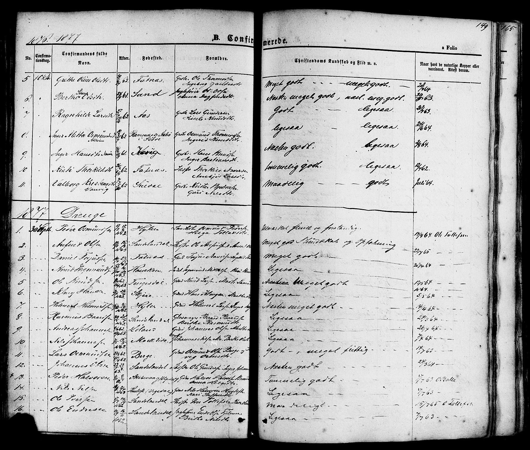 Sand sokneprestkontor, AV/SAST-A-101848/01/III/L0003: Parish register (official) no. A 3, 1854-1879, p. 149