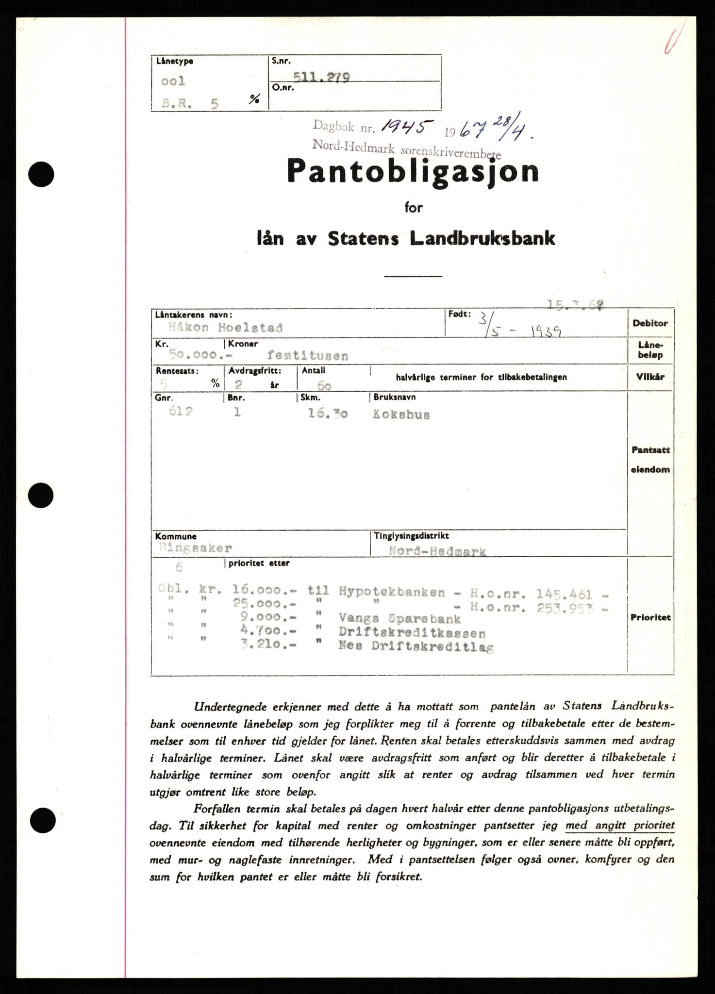 Nord-Hedmark sorenskriveri, SAH/TING-012/H/Hb/Hbf/L0071: Mortgage book no. B71, 1967-1967, Diary no: : 1945/1967