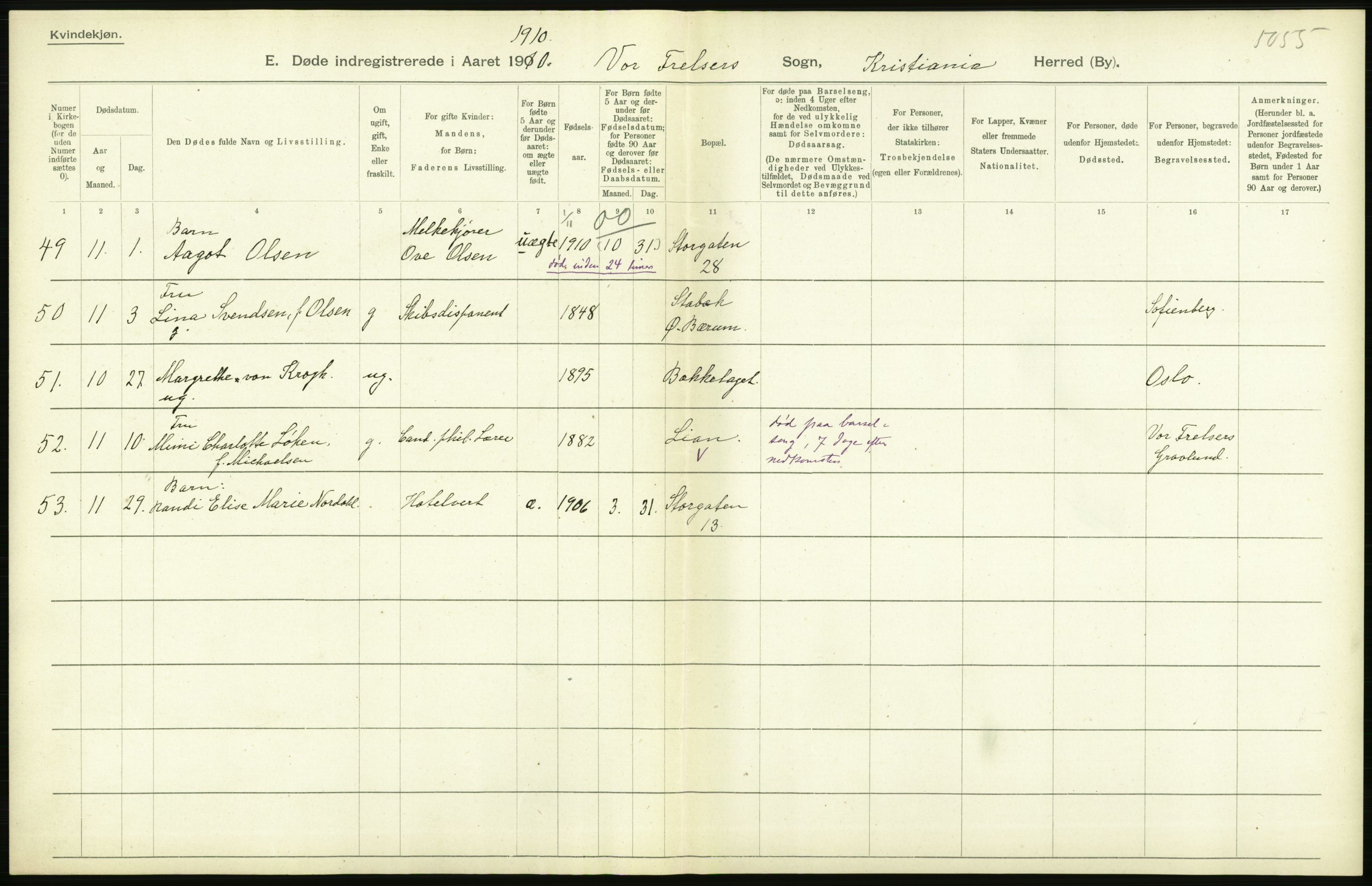 Statistisk sentralbyrå, Sosiodemografiske emner, Befolkning, AV/RA-S-2228/D/Df/Dfa/Dfah/L0008: Kristiania: Døde, 1910, p. 456