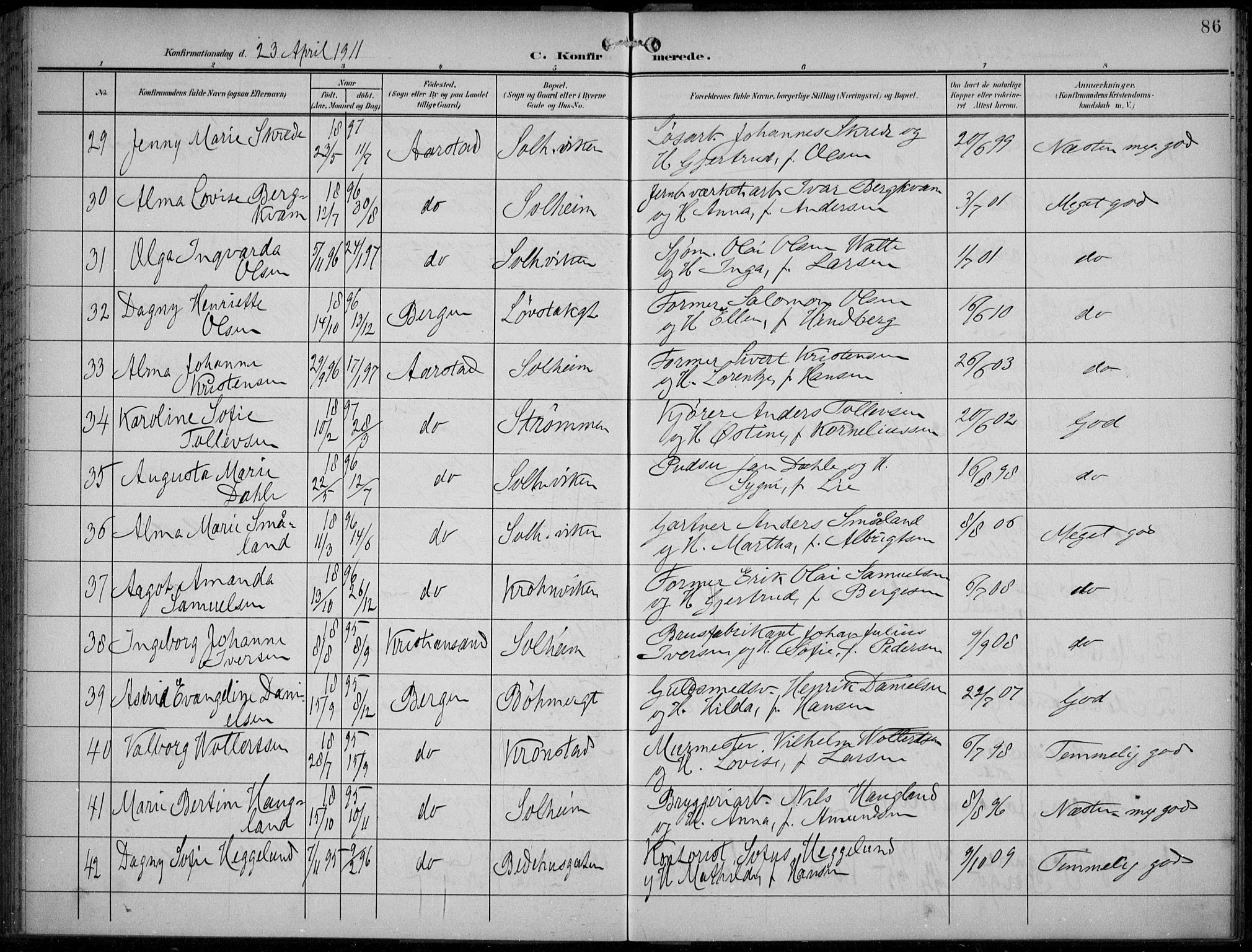 Årstad Sokneprestembete, AV/SAB-A-79301/H/Haa/L0007: Parish register (official) no. B 2, 1901-1914, p. 86